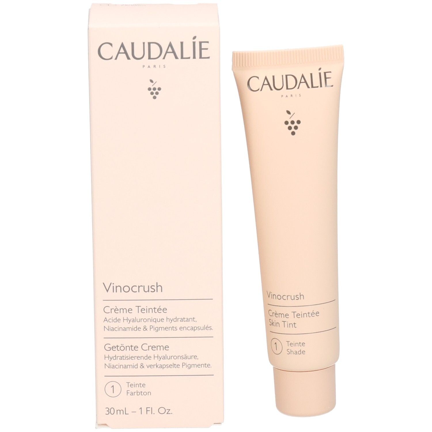 Caudalíe Vinocrush CC Creme und Verpackung. Tube und Schachtel. Produktname und Informationen auf der Verpackung.