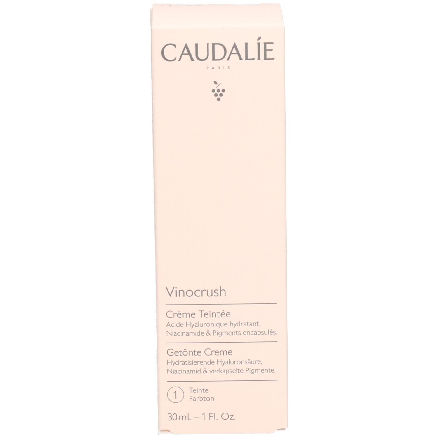 Caudalíe Vinocrush CC Creme Verpackung. Schachtel mit Produktinformationen. Marke und Produktname deutlich sichtbar.