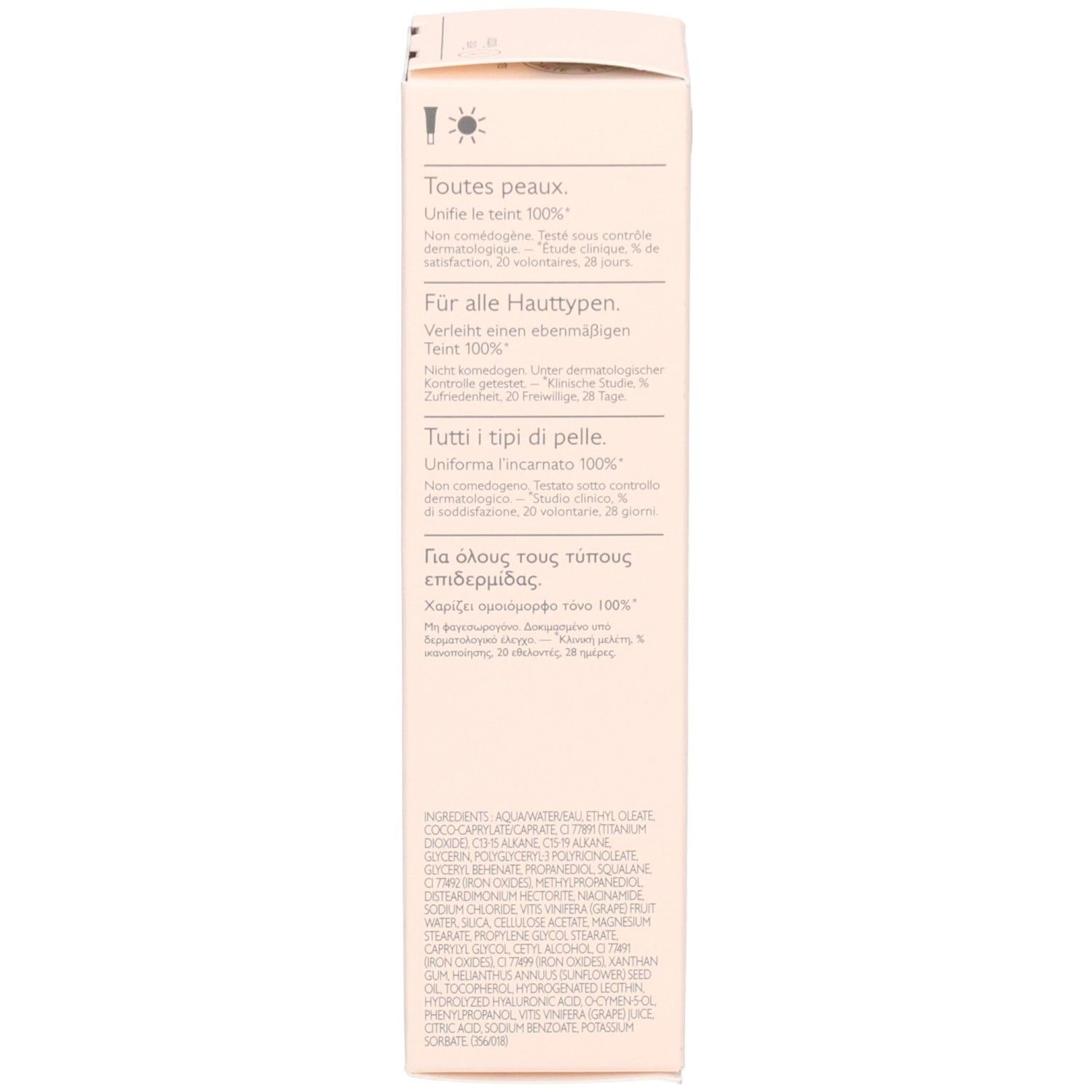 Rückseite der Caudalíe Vinocrush CC Creme Verpackung. Text in mehreren Sprachen. Produktinformationen und Inhaltsstoffe.