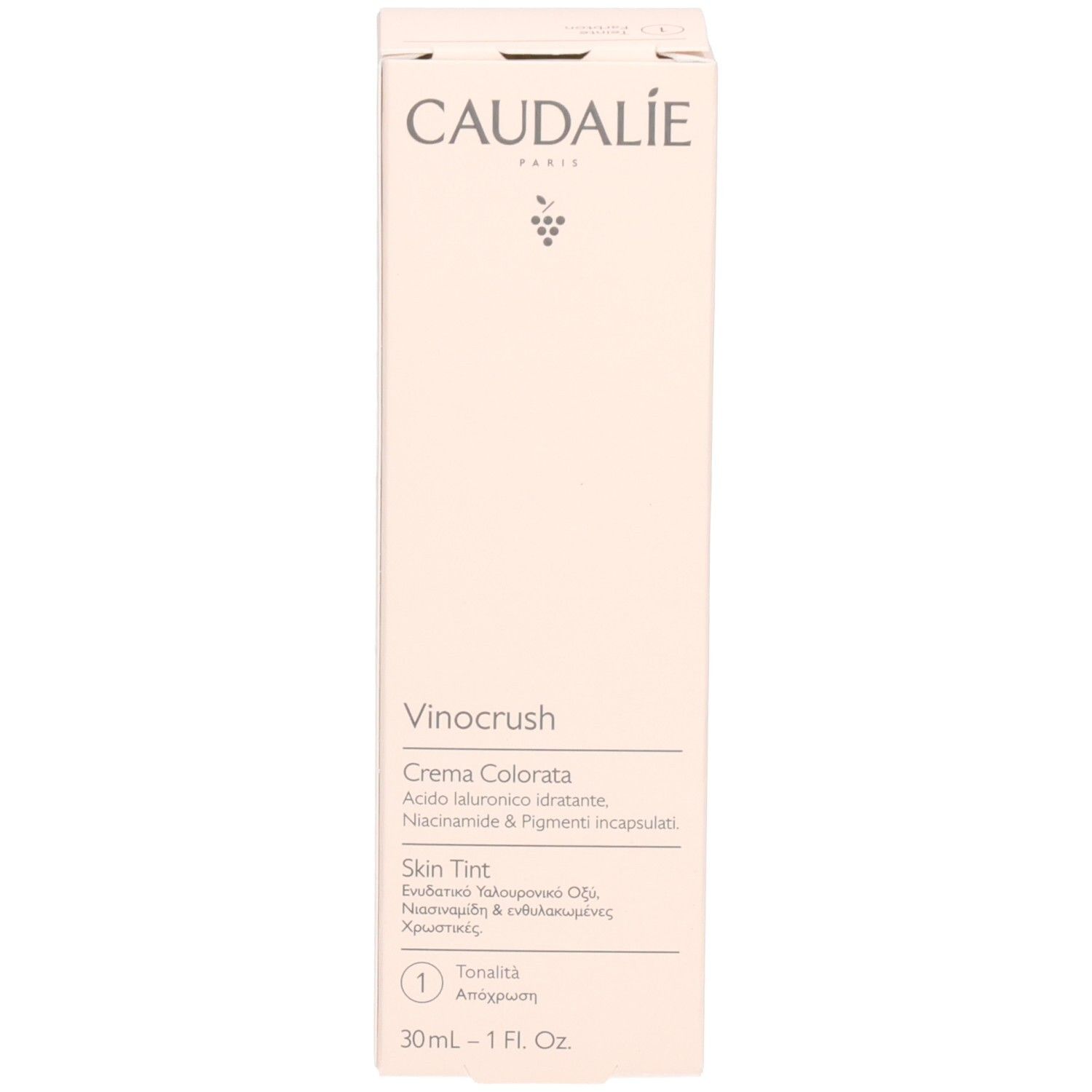 Caudalíe Vinocrush CC Creme Verpackung. Produktname und Informationen auf der Verpackung. Text in mehreren Sprachen.