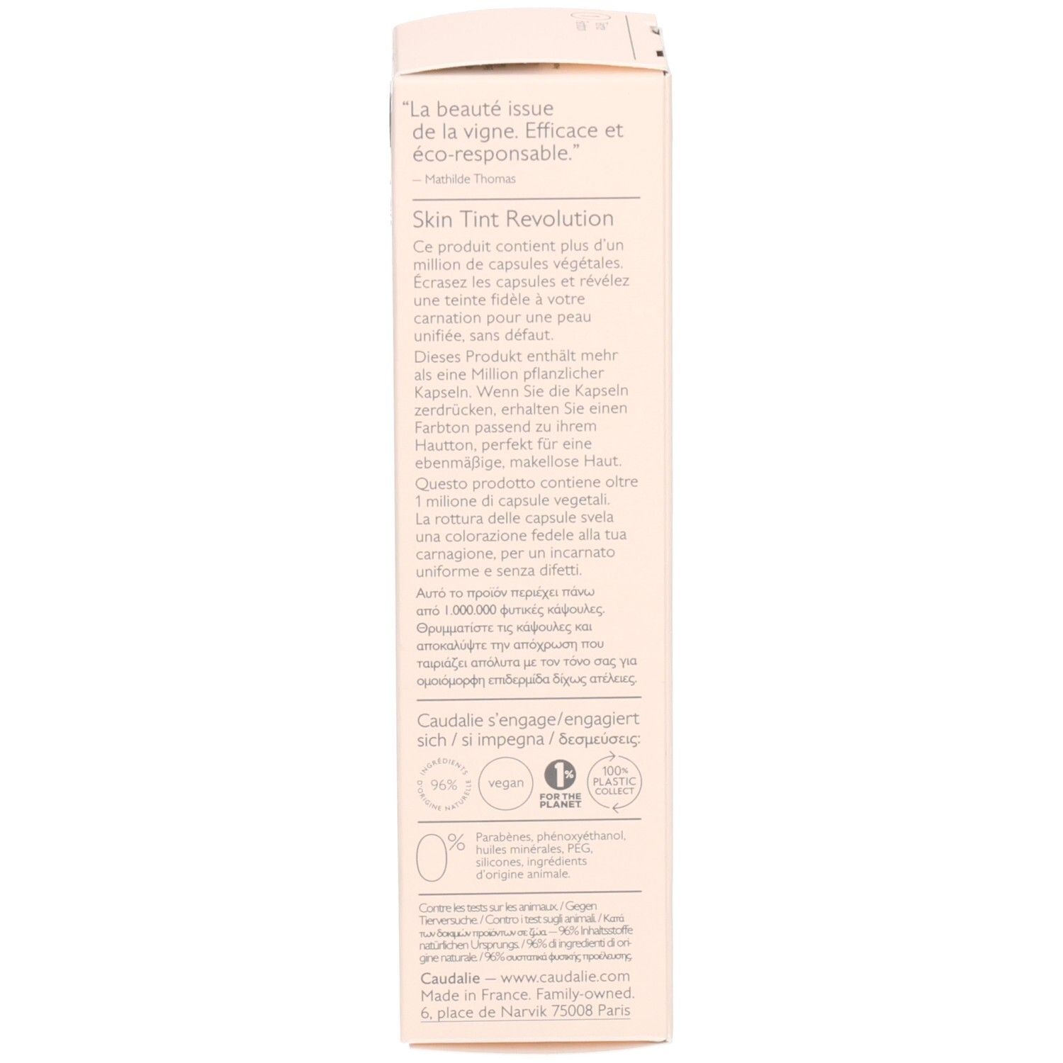 Rückseite der Caudalíe Vinocrush CC Creme Verpackung. Text in mehreren Sprachen. Produktbeschreibung und Nachhaltigkeitsinformationen.