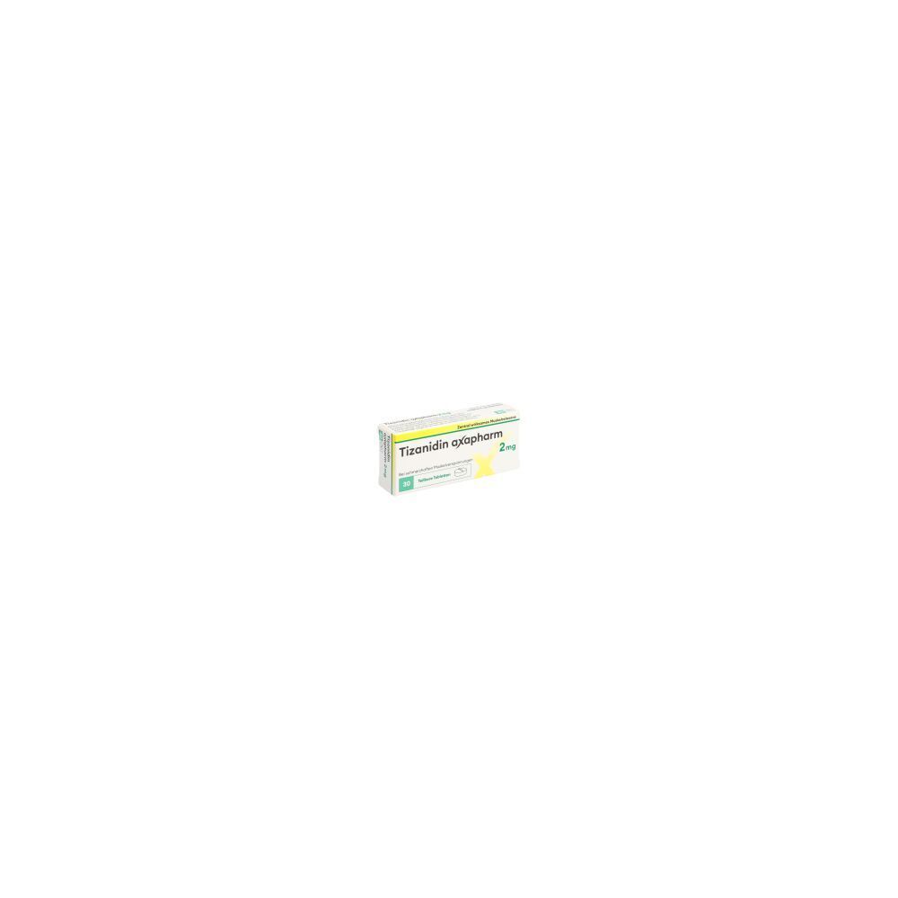 Schachtel mit Tizanidin axapharm Tabletten. Aufschrift: Tizanidin axapharm 2 mg. Packung mit 30 Tabletten.