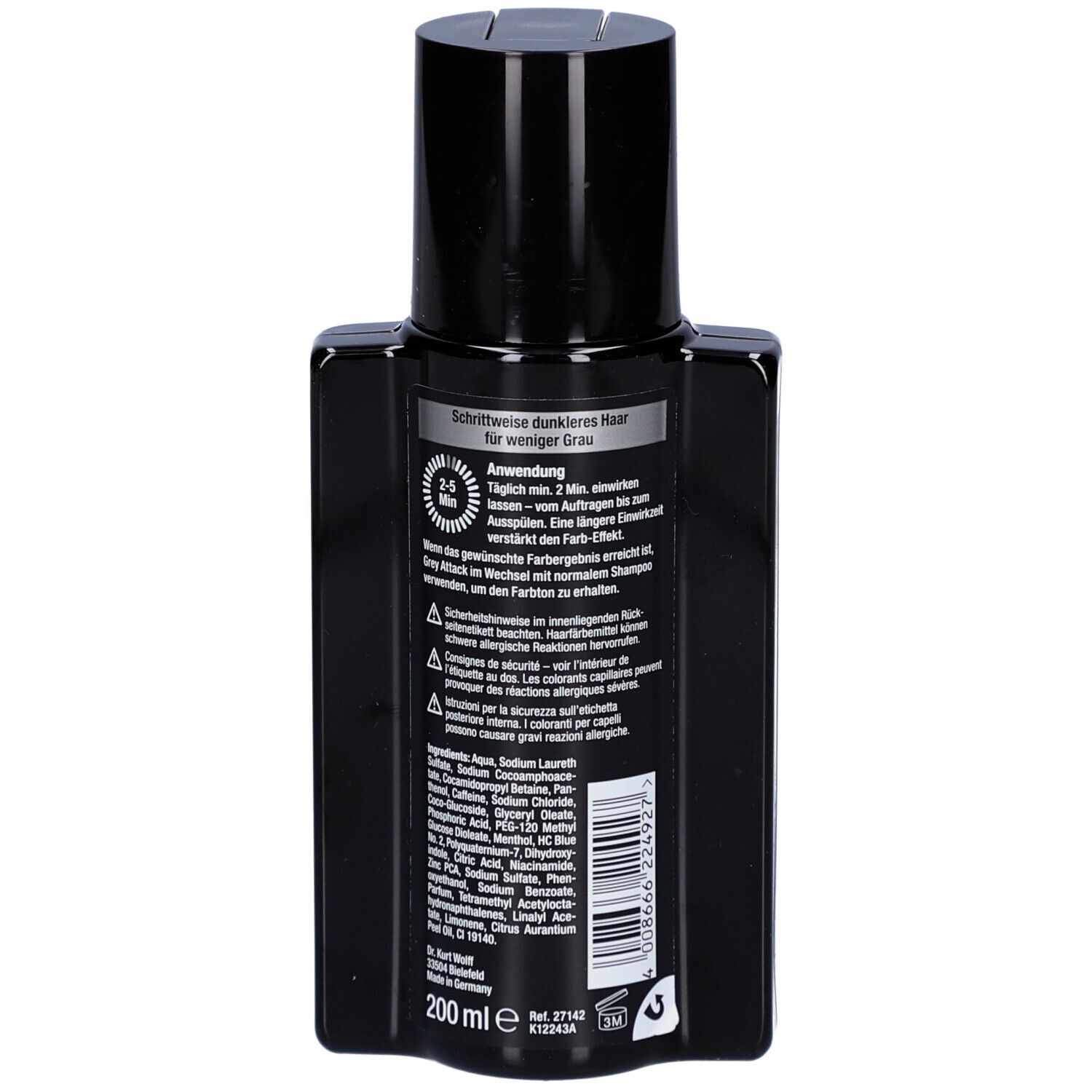 Dos du flacon de shampooing noir. Contient du texte en allemand et une indication de quantité de 200 ml.