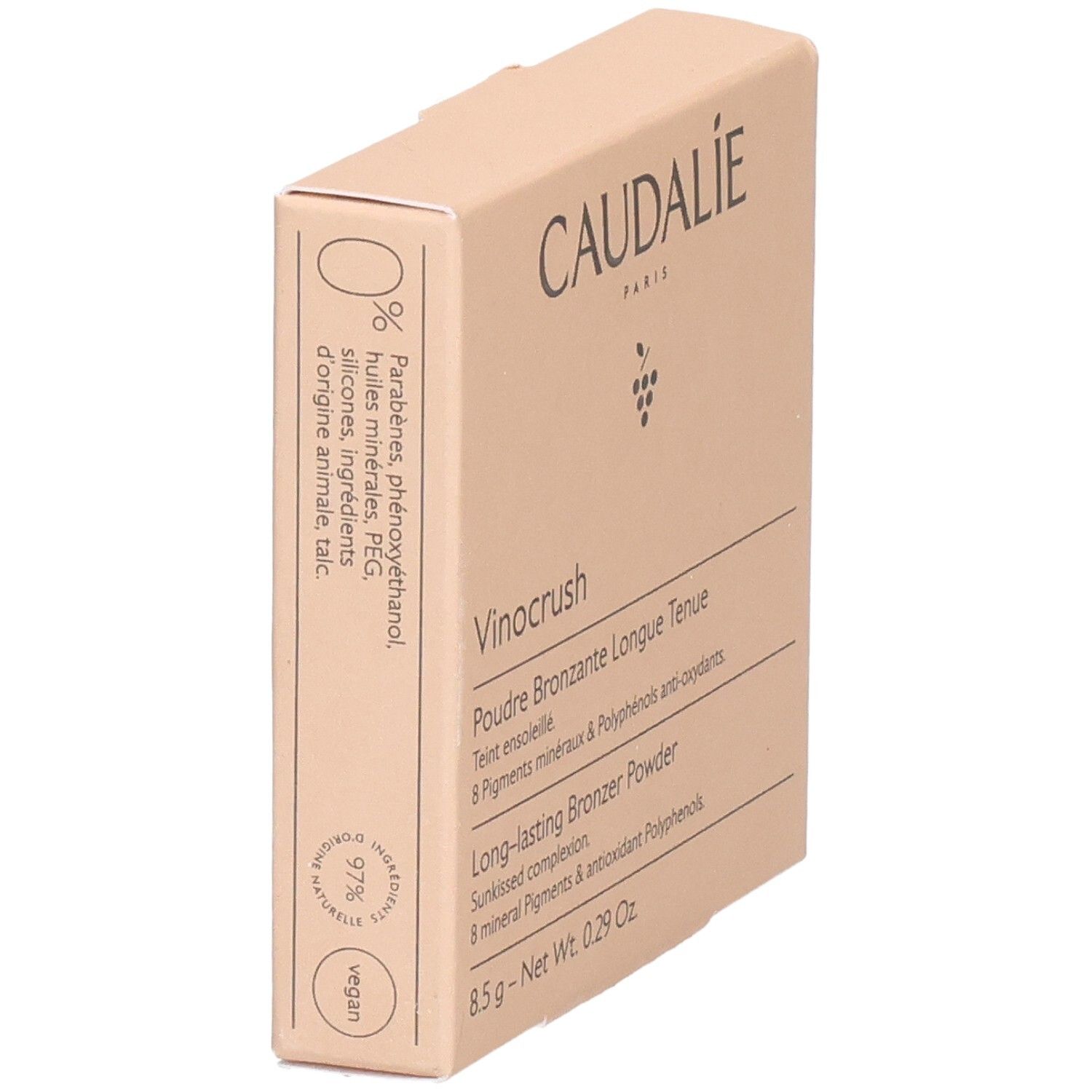 Kartonverpackung, Marke Caudalie, Produktname Vinocrush. Vegan-Logo, 97% Inhaltsstoffe natürlichen Ursprungs.