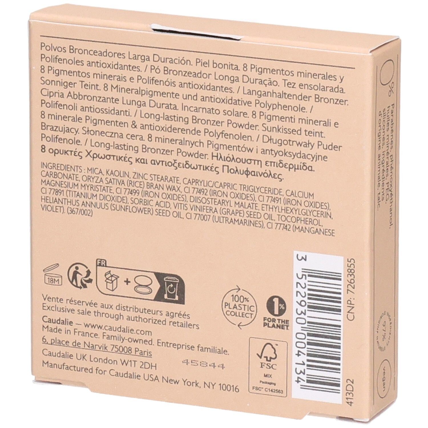 Rückseite der Kartonverpackung. Produktinformationen, Inhaltsstoffe, Herstelleradresse.