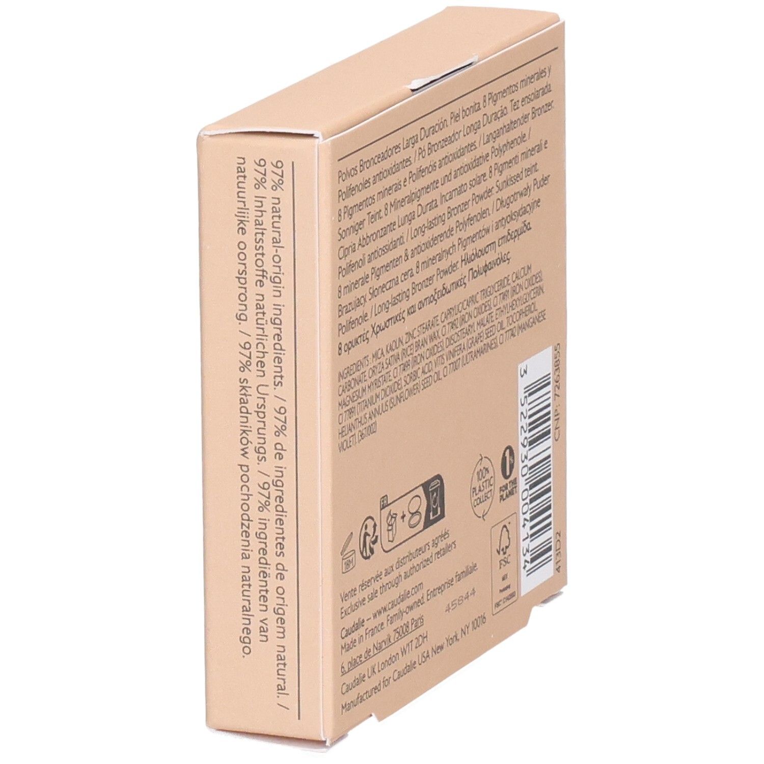 Kartonverpackung, Seitenansicht. Produktinformationen, 97% Inhaltsstoffe natürlichen Ursprungs.