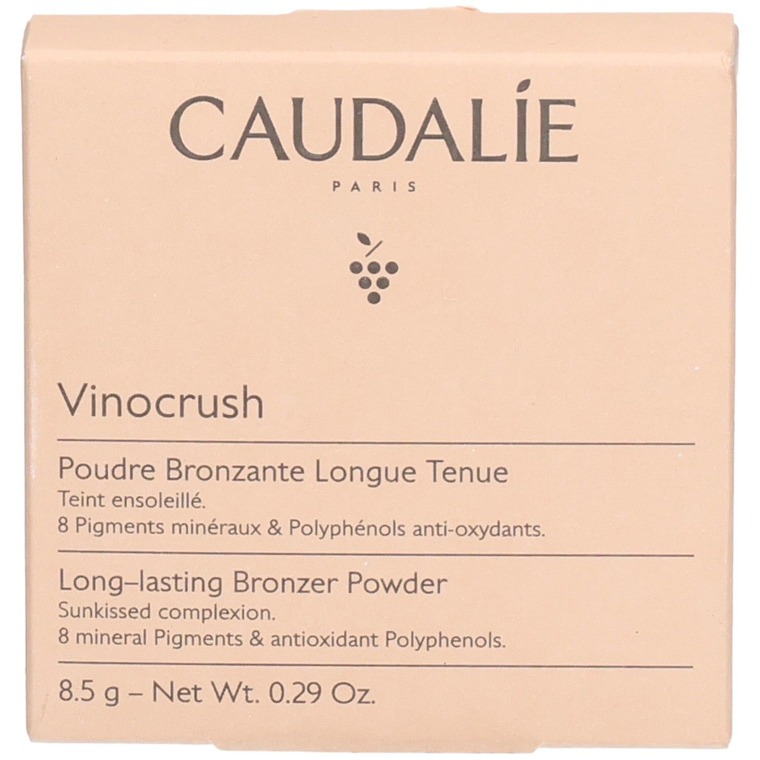 Kartonverpackung, Vorderseite. Marke Caudalie, Produktname Vinocrush. Text: Poudre Bronzante Longue Tenue.