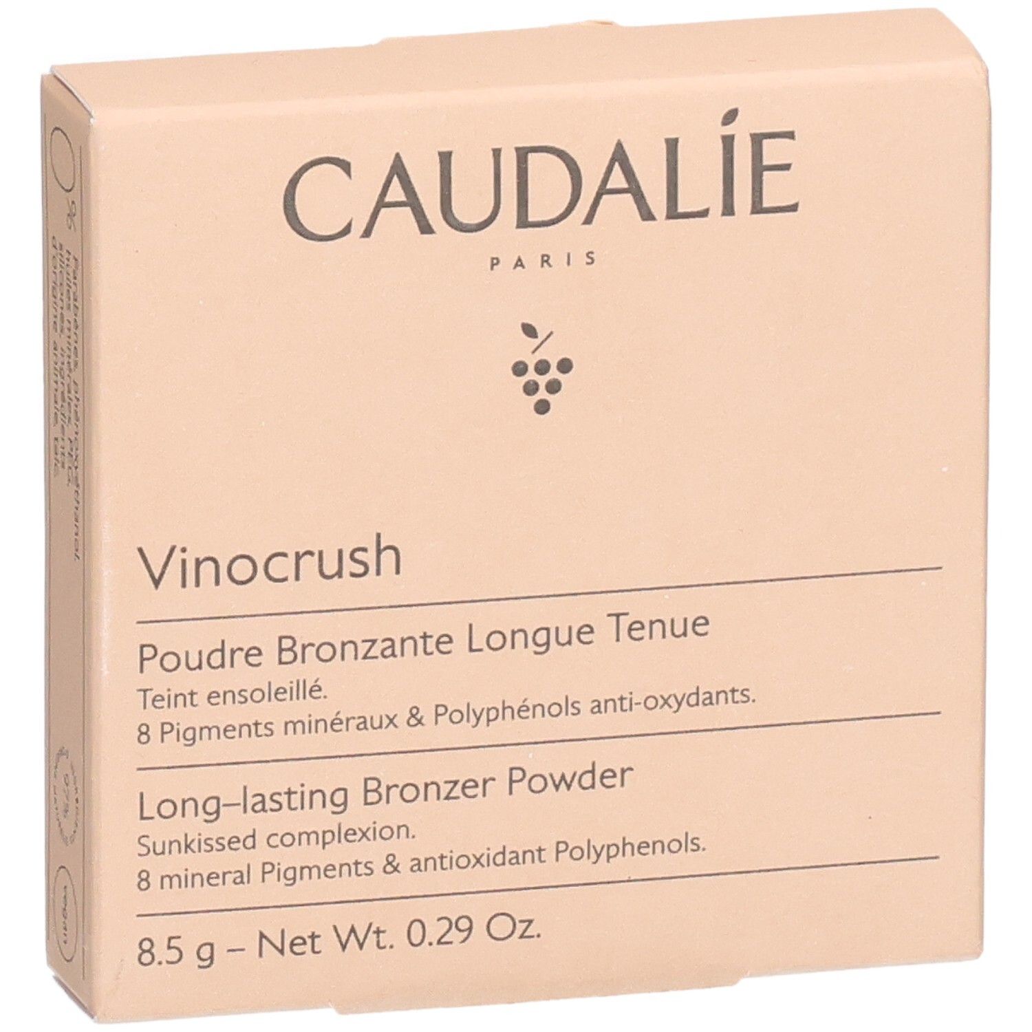 Kartonverpackung, Vorderseite. Marke Caudalie, Produktname Vinocrush. Text: Poudre Bronzante Longue Tenue.