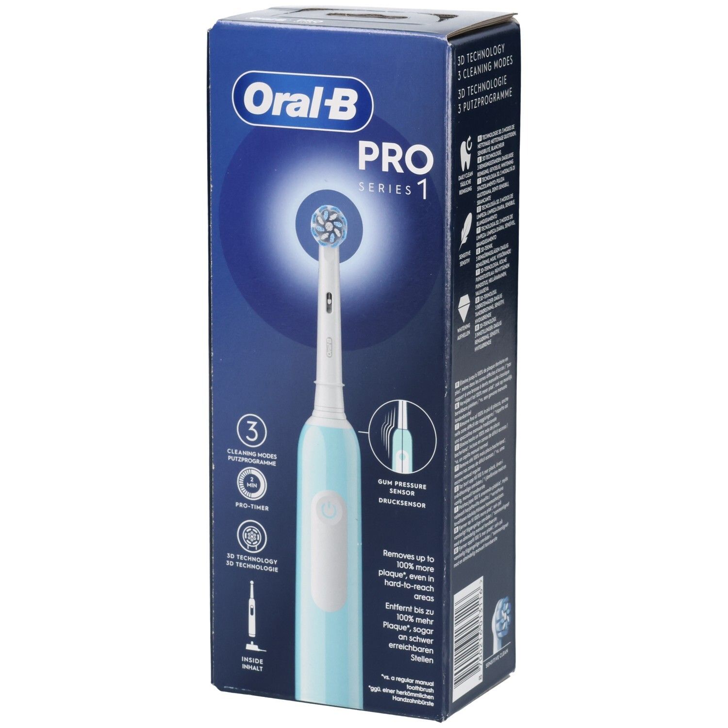 Brosse à dents dans son emballage. Brosse à dents électrique bleue et blanche avec tête ronde. Emballage avec informations et logo.