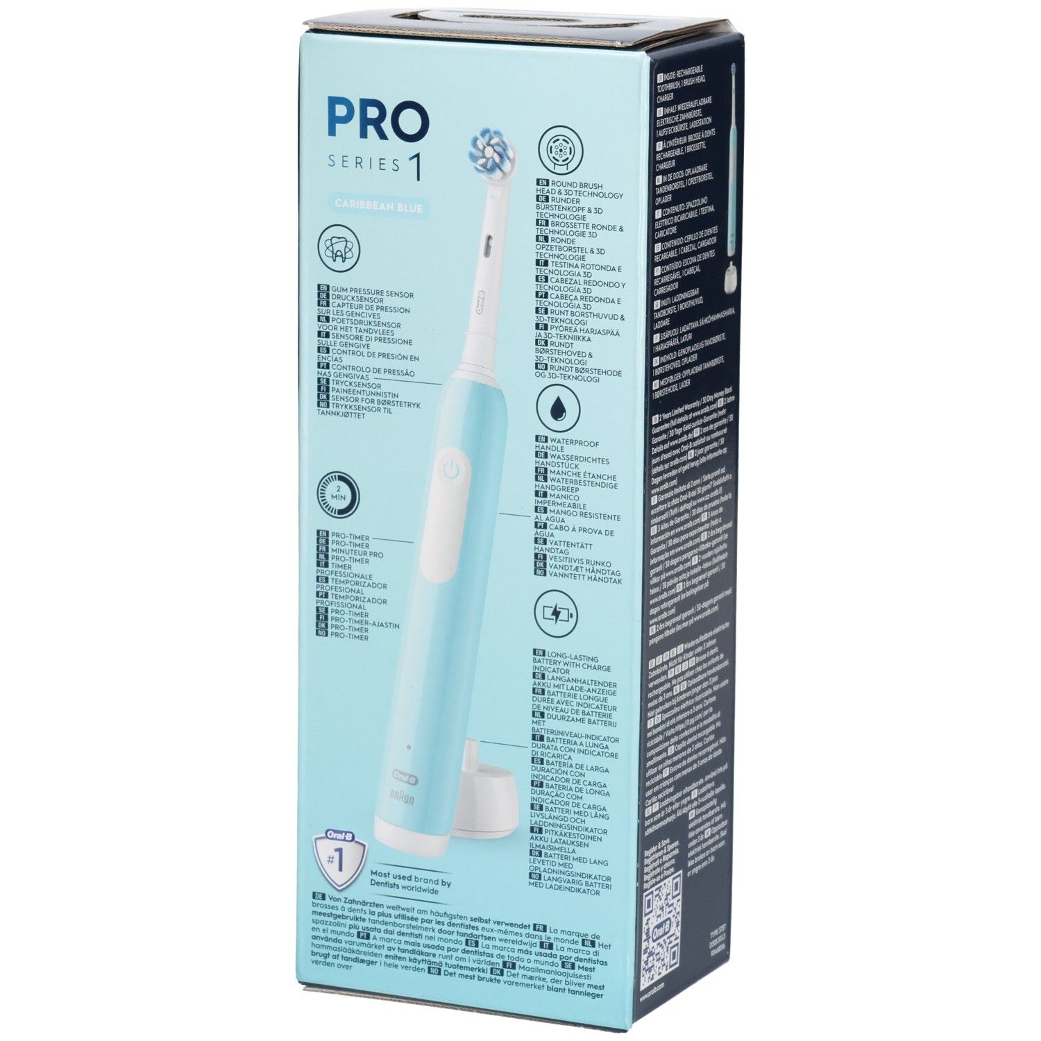 Emballage avec brosse à dents. Informations et logos du produit. Brosse à dents bleue et blanche. Illustrations et texte.