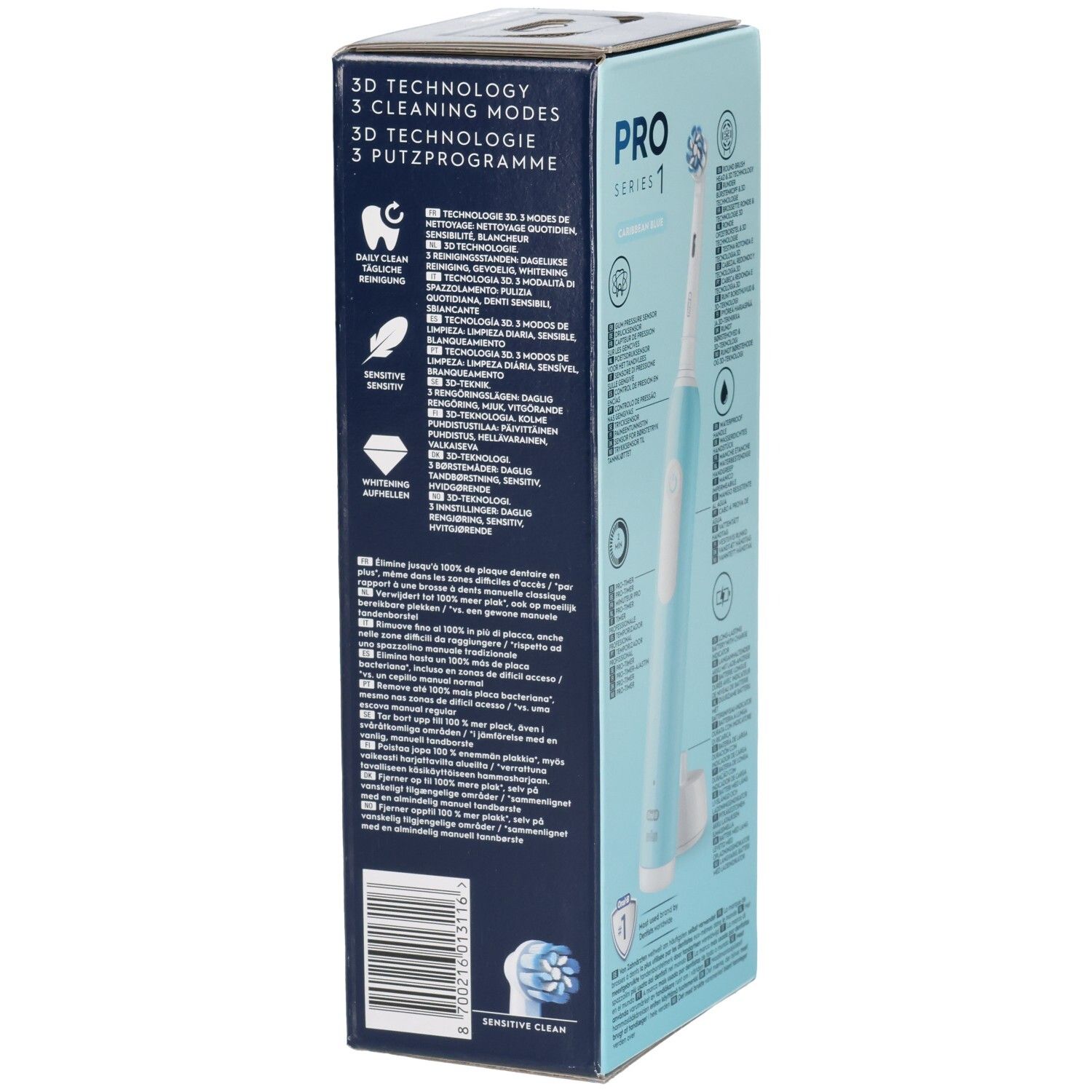 Emballage avec brosse à dents. Caractéristiques du produit et logos. Brosse à dents bleue et blanche. Illustrations et texte.