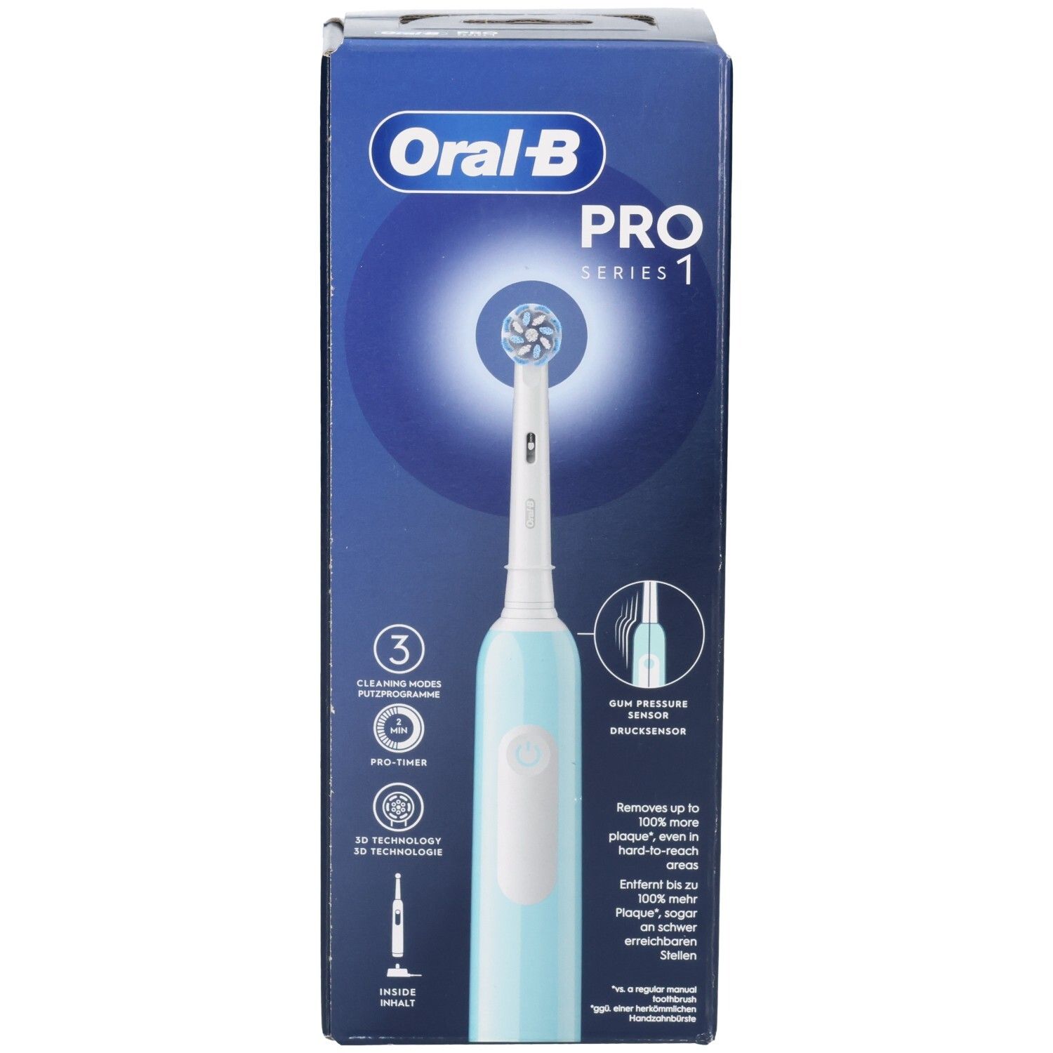Brosse à dents dans son emballage. Brosse à dents électrique bleue et blanche avec tête ronde. Emballage avec informations et logo.