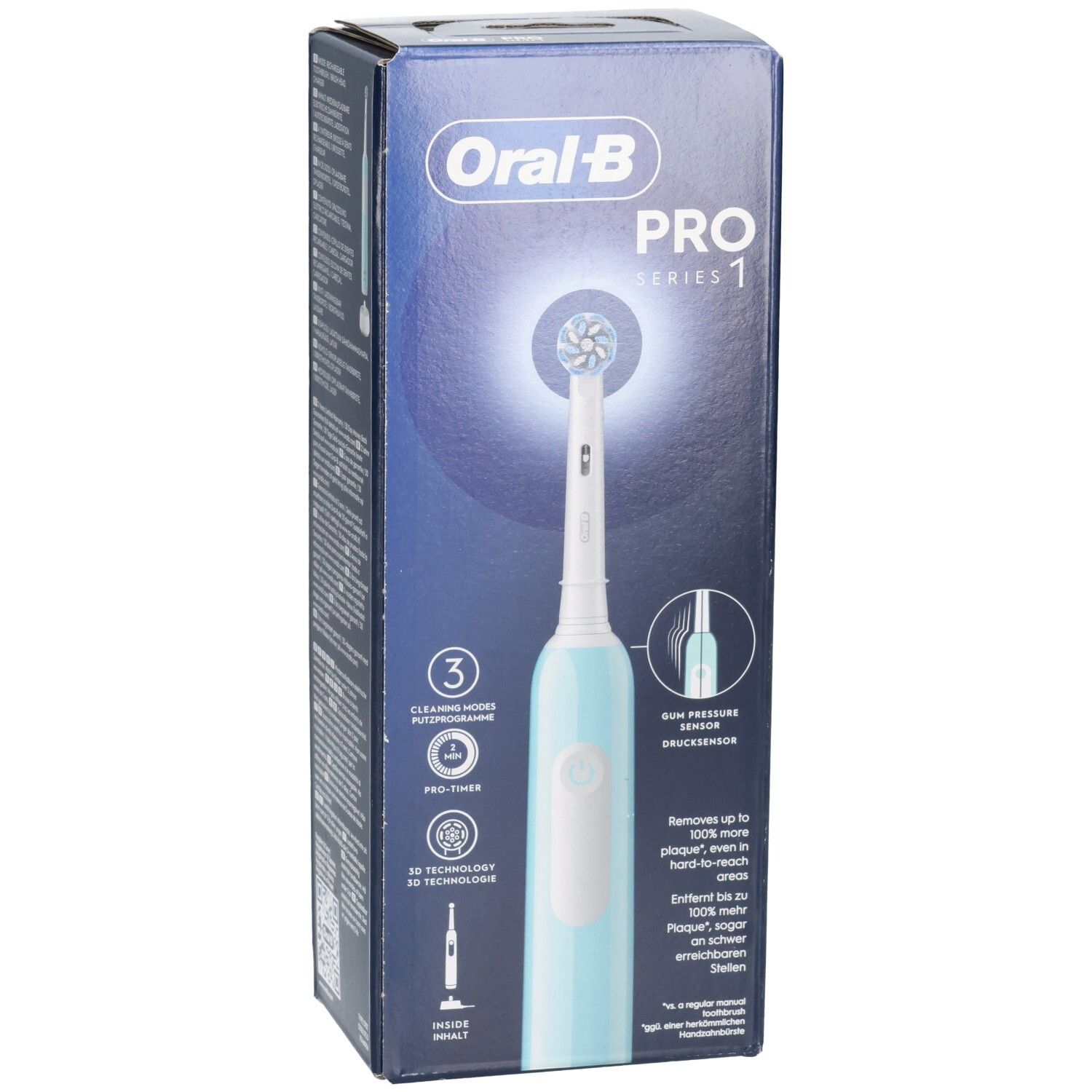 Brosse à dents dans son emballage. Brosse à dents électrique bleue et blanche avec tête ronde. Emballage avec informations et logo.
