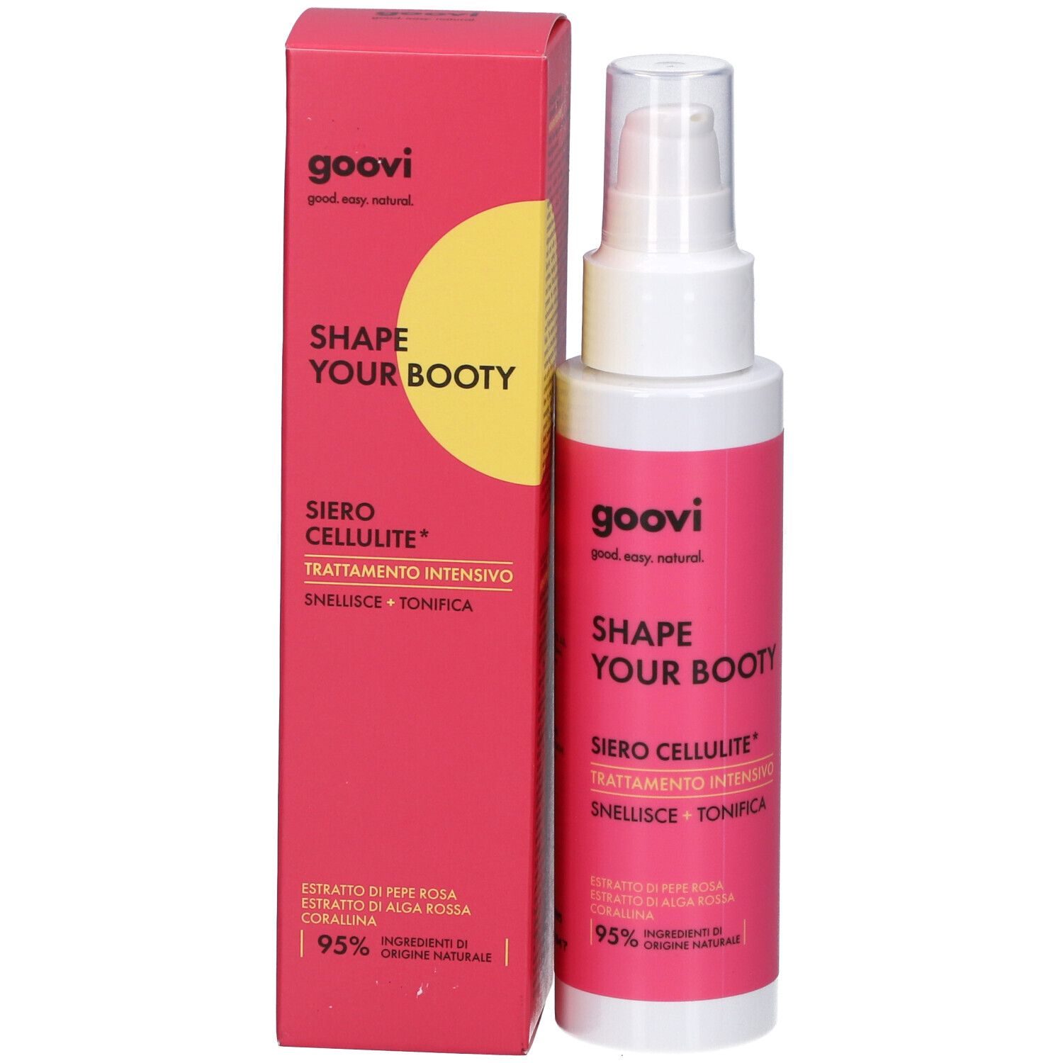 Produktverpackung und Flasche. Rosa Schachtel mit weißer Flasche. Aufschrift: Shape Your Booty, Siero Cellulite.