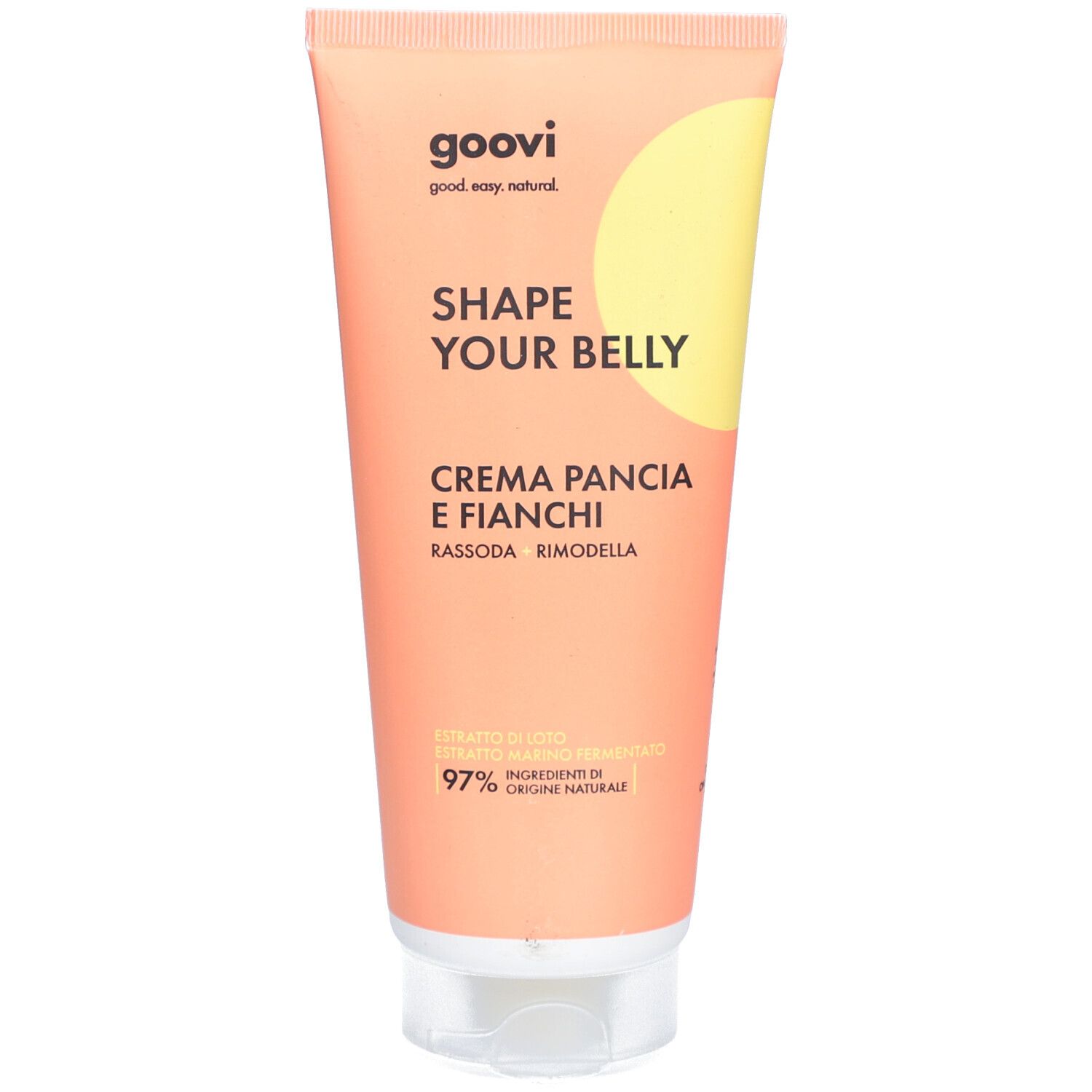 Creme-Tube mit Produktnamen und Markennamen. Rosa-gelbes Design. Text: Shape Your Belly, Crema Pancia e Fianchi.
