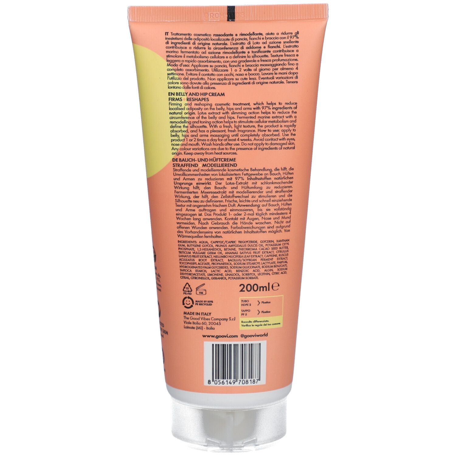 Rückseite der Creme-Tube. Text in mehreren Sprachen. Inhaltsstoffe, Herstellerinformationen, 200ml, 97% Inhaltsstoffe natürlichen Ursprungs.