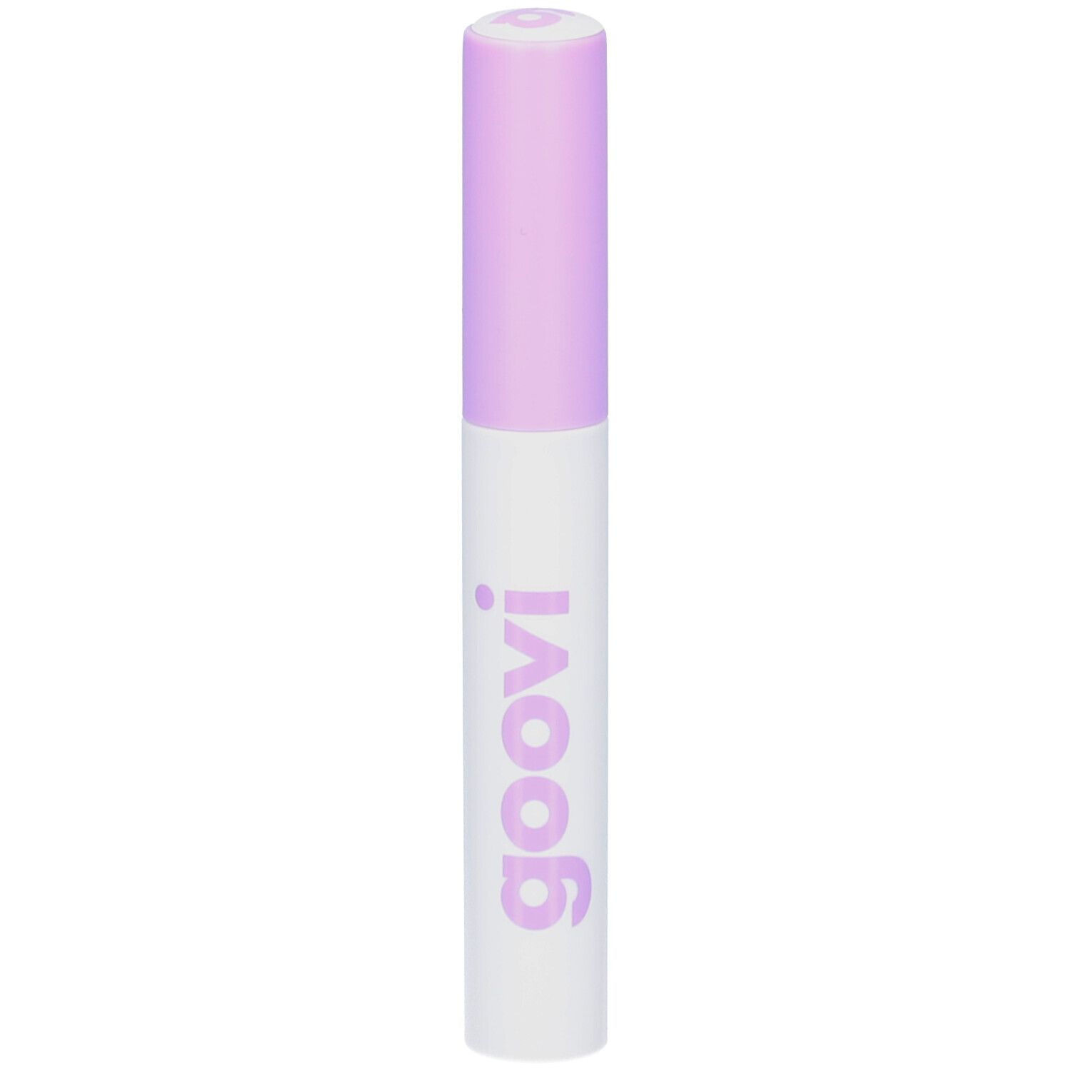Flacon blanc avec bouchon lilas. Inscription "goovi" en lilas. Produit pour cils et sourcils.