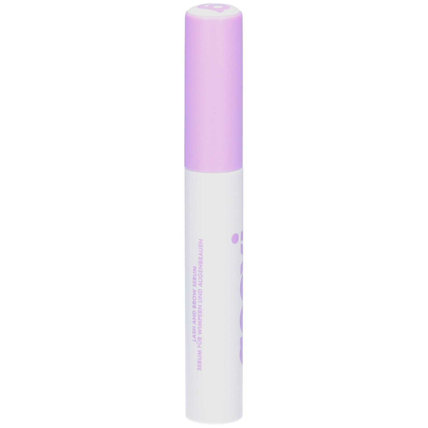 Flacon blanc avec bouchon lilas. Inscription "goovi" en lilas. Texte pour cils et sourcils.