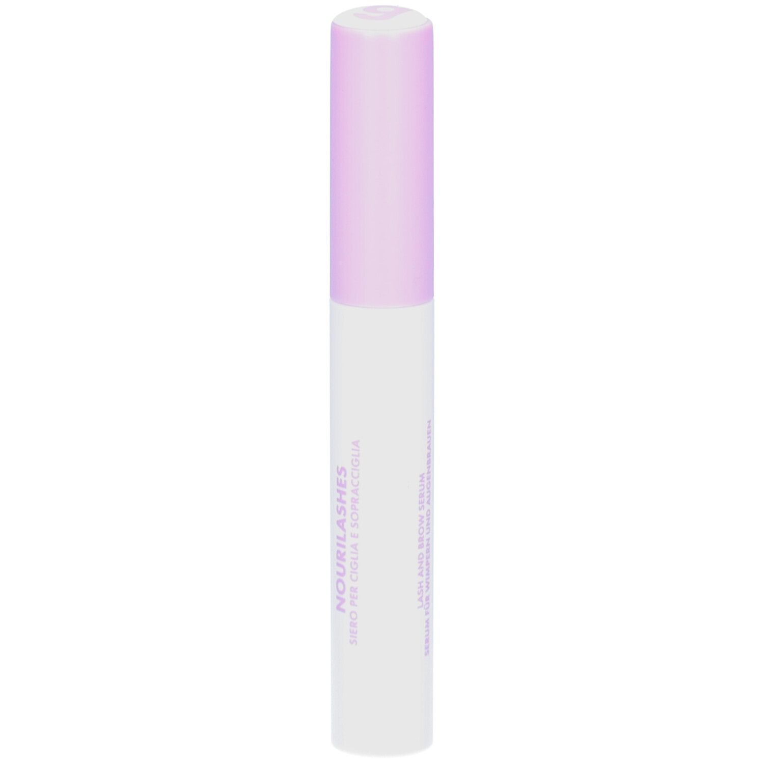 Flacon blanc avec bouchon lilas. Inscription "goovi" en lilas. Texte pour cils et sourcils.