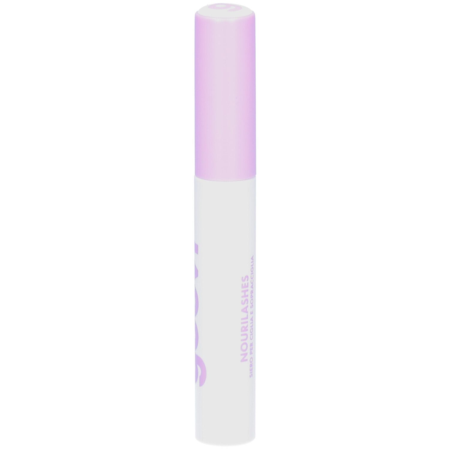 Flacon blanc avec bouchon lilas. Inscription "goovi" en lilas. Produit pour cils et sourcils.