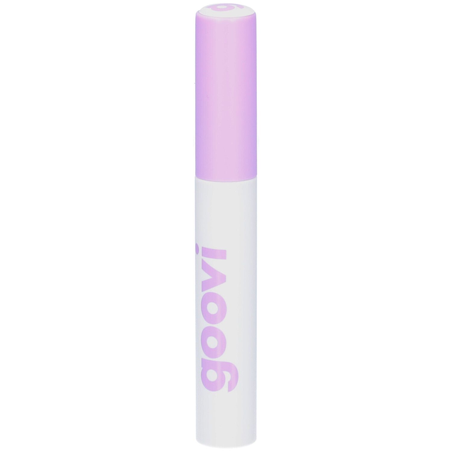 Flacon blanc avec bouchon lilas. Inscription "goovi" en lilas. Produit pour cils et sourcils.