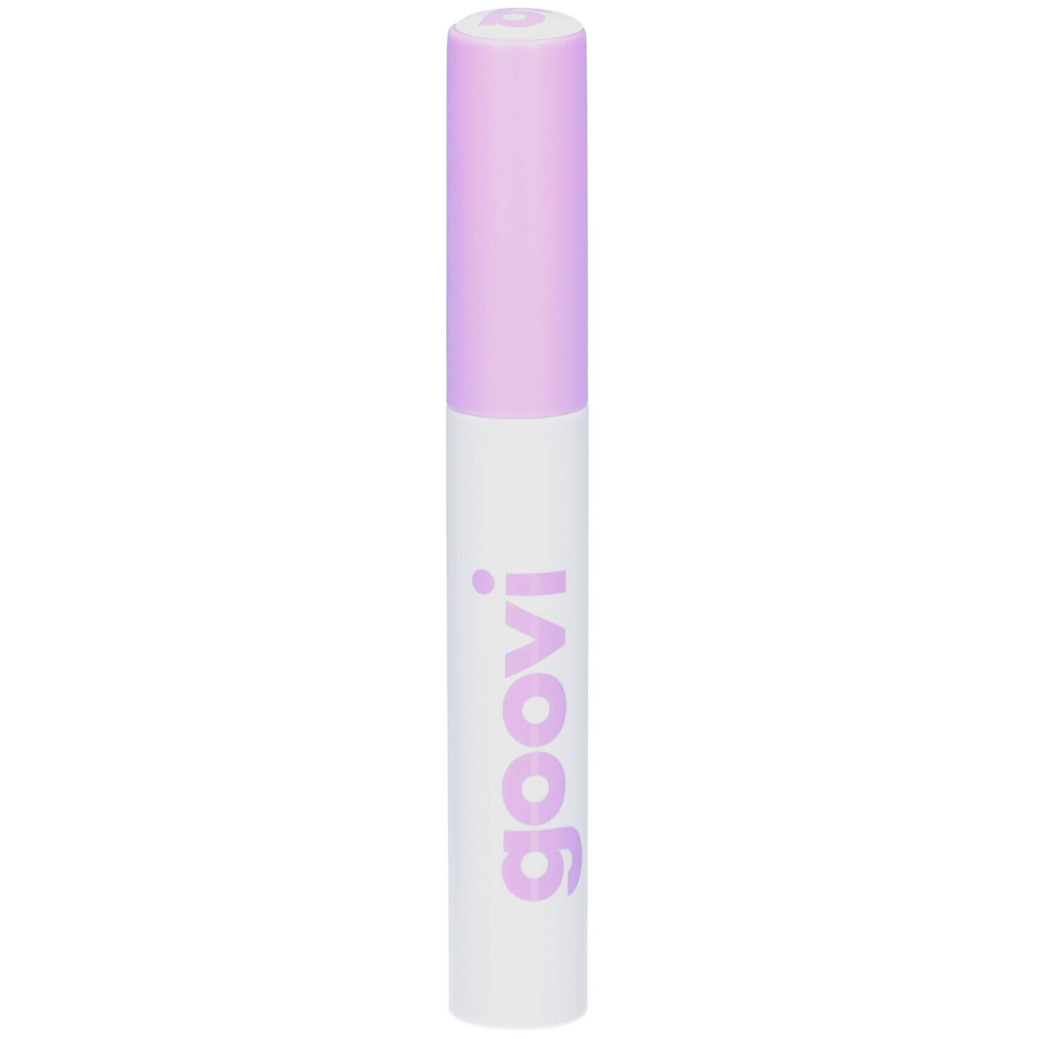Flacon blanc avec bouchon lilas. Inscription "goovi" en lilas. Produit pour cils et sourcils.