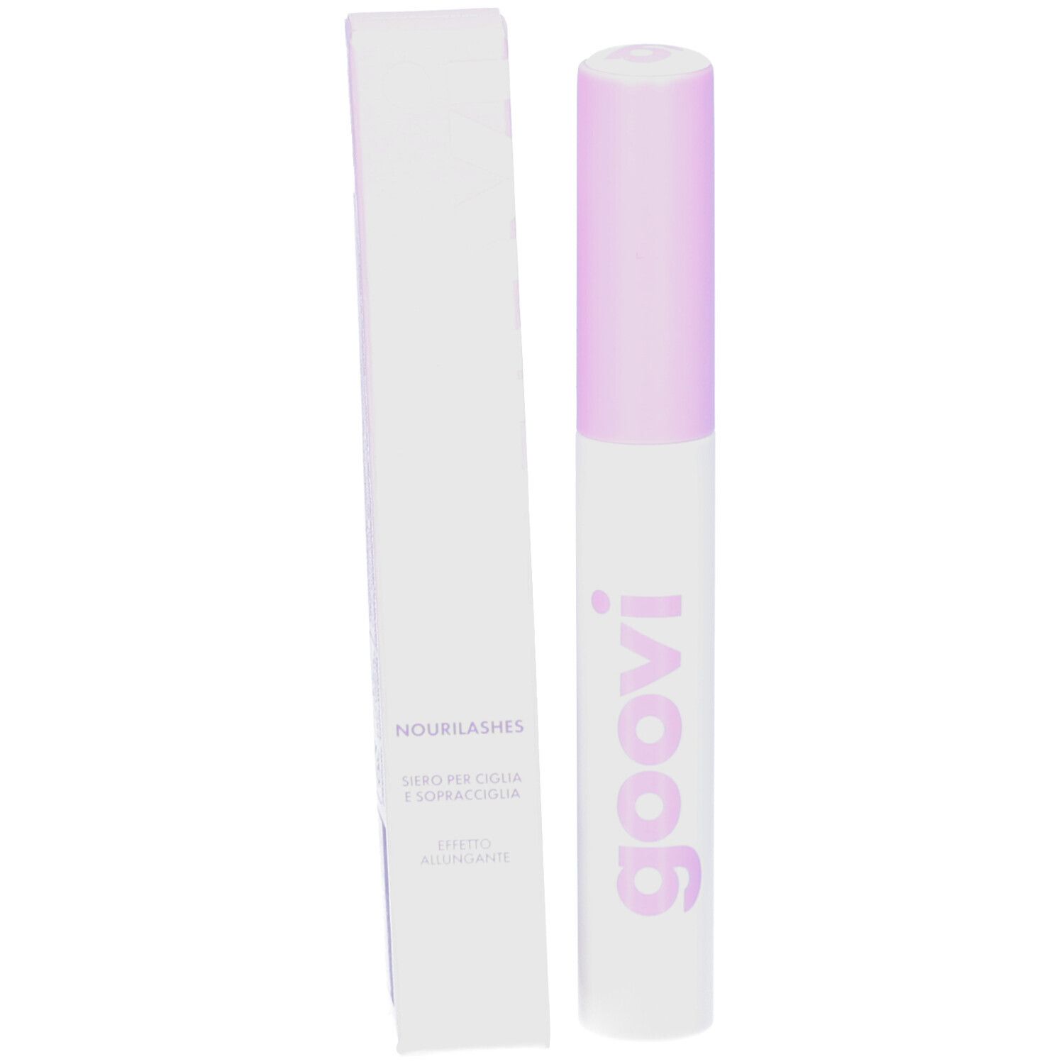 Emballage produit avec flacon blanc et bouchon lilas. Inscription "goovi" en lilas. Texte.