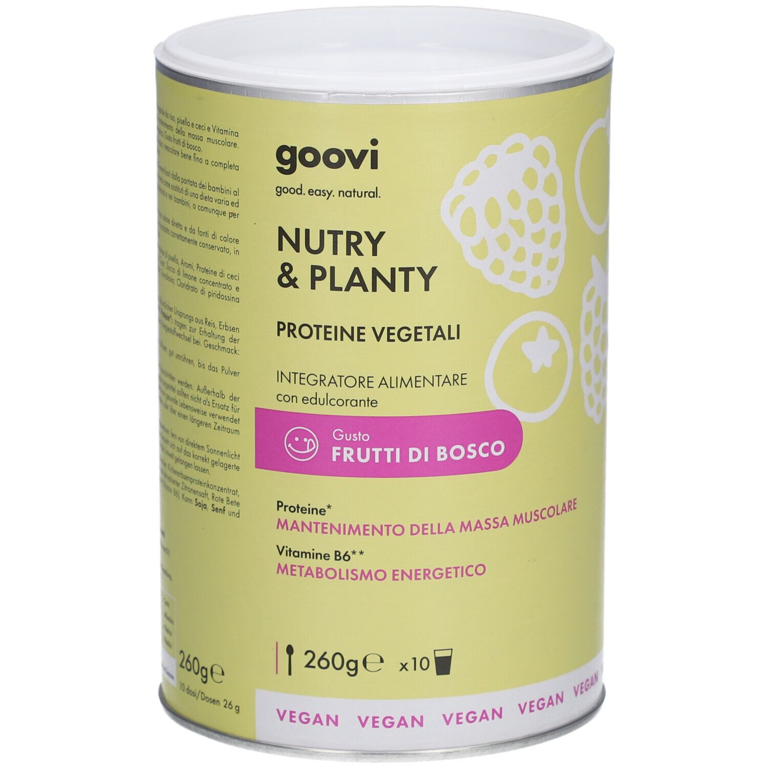 Dose GOOVI Nutry & Planty, pflanzliches Eiweiß, Geschmack Waldfrüchte. Aufschrift: Proteine, Vitamin B6, Stoffwechsel. 260g.