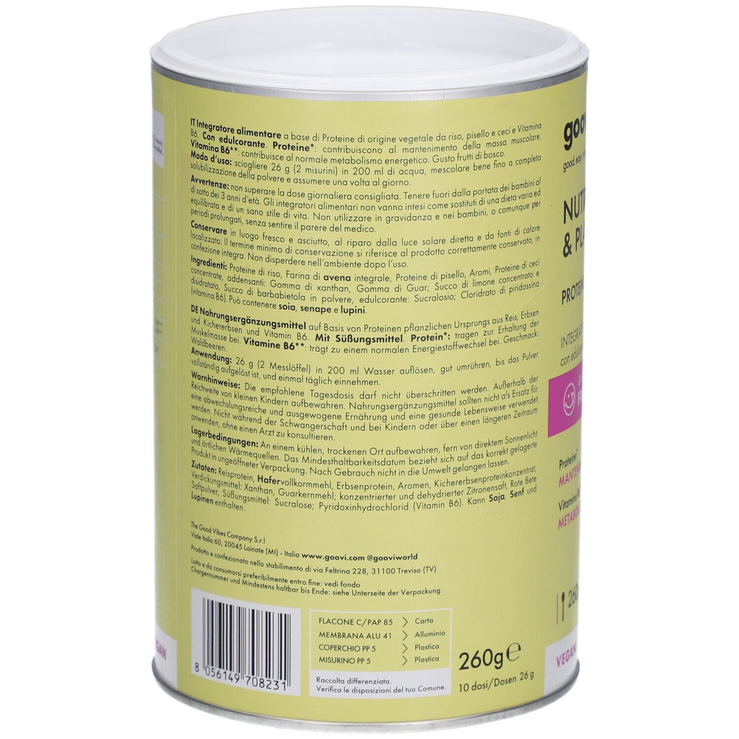 Rückseite der Dose GOOVI Nutry & Planty. Text in Deutsch und Italienisch. Zutaten, Nährwertangaben, Anwendungshinweise. 260g.