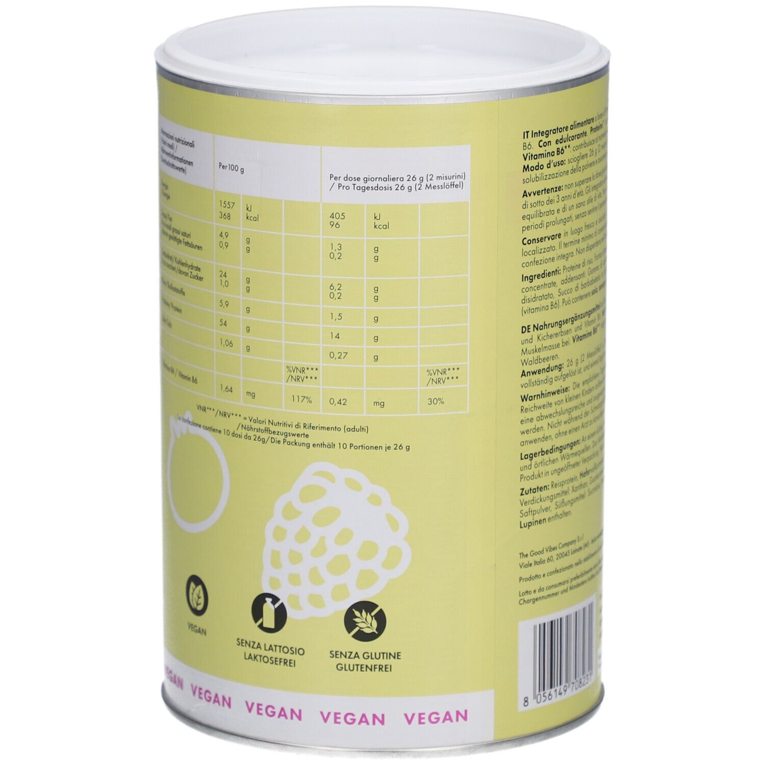 Seite der Dose GOOVI Nutry & Planty. Nährwertangaben pro 100g. Vegan-Siegel. Ohne Laktose, Gluten. 260g.