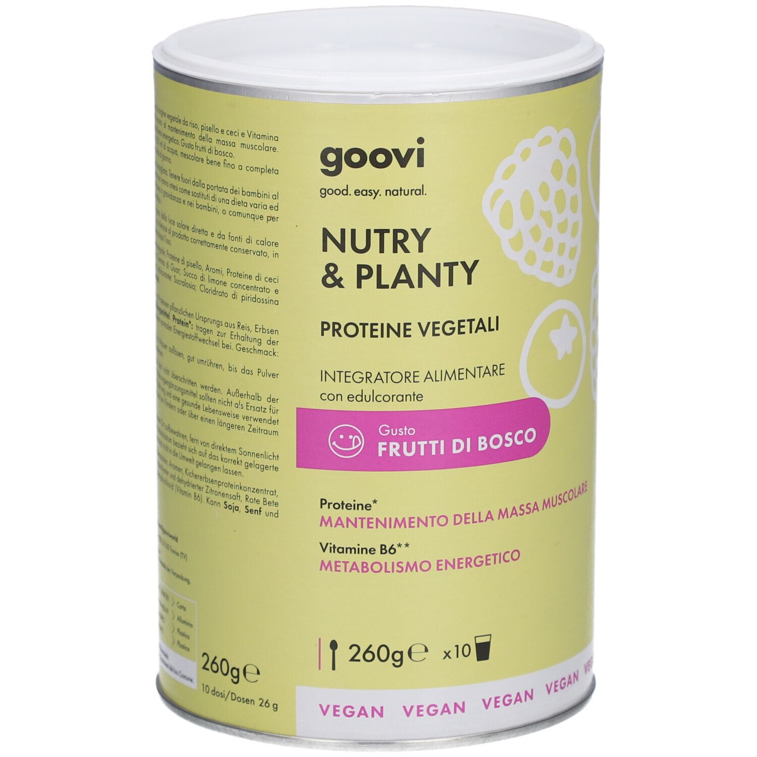 Dose GOOVI Nutry & Planty, pflanzliches Eiweiß, Geschmack Waldfrüchte. Aufschrift: Proteine, Vitamin B6, Stoffwechsel. 260g.