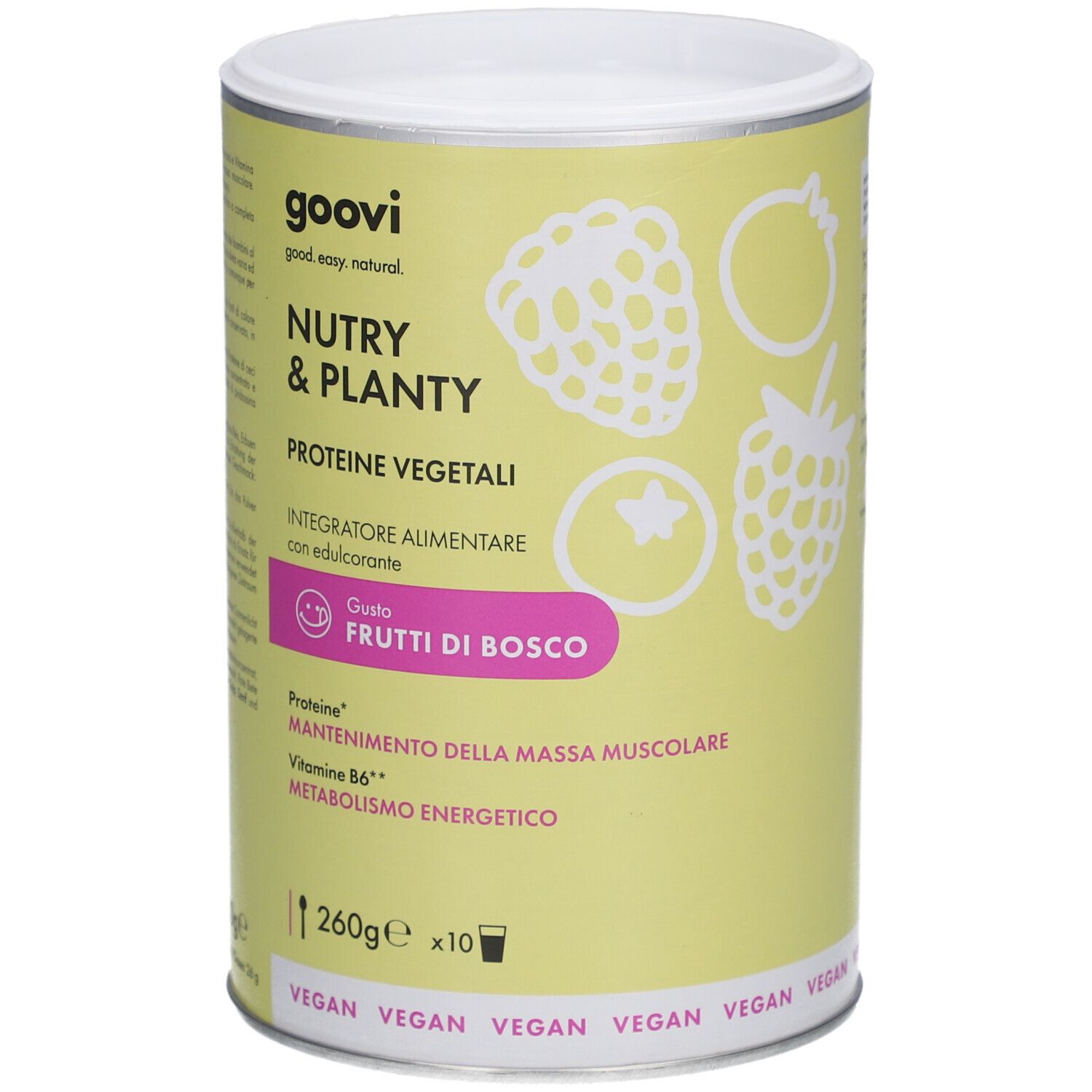 Dose GOOVI Nutry & Planty, pflanzliches Eiweiß, Geschmack Waldfrüchte. Aufschrift: Proteine, Vitamin B6, Stoffwechsel. 260g.