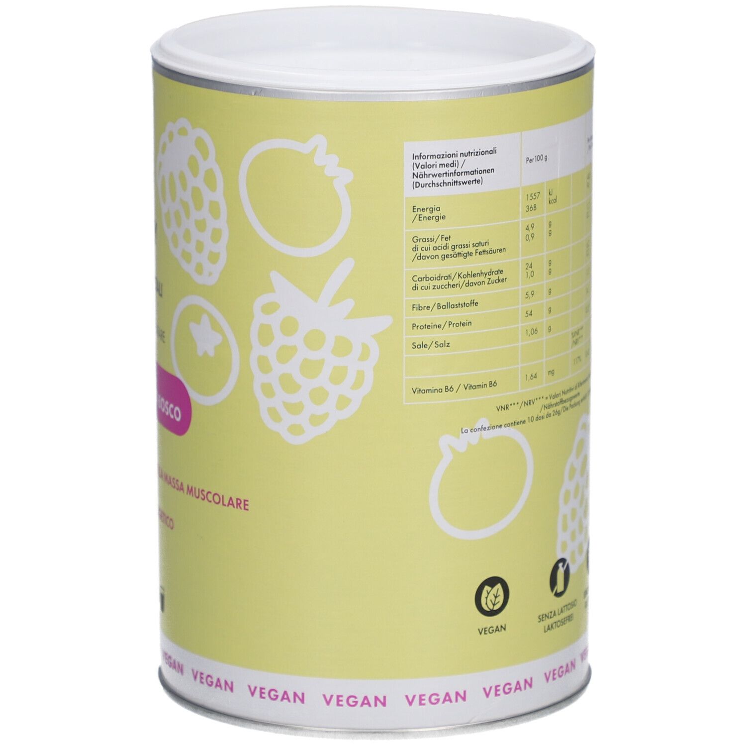 Seite der Dose GOOVI Nutry & Planty. Nährwertangaben. Vegan-Siegel. Ohne Laktose, Gluten. 260g.