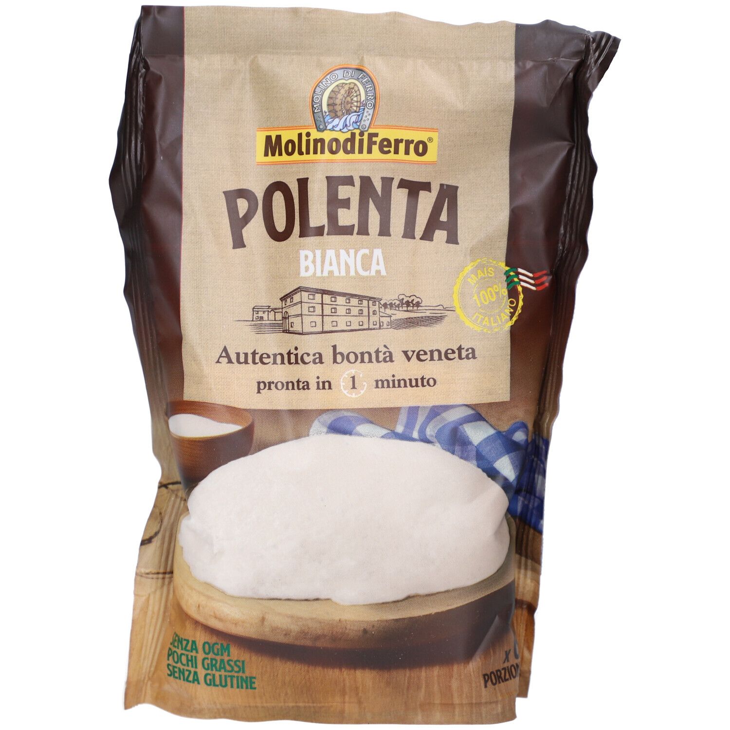 Verpackung Molino di Ferro Polenta Bianca. Braune Papiertüte mit Produktname und Logo. Sichtbare Polenta.