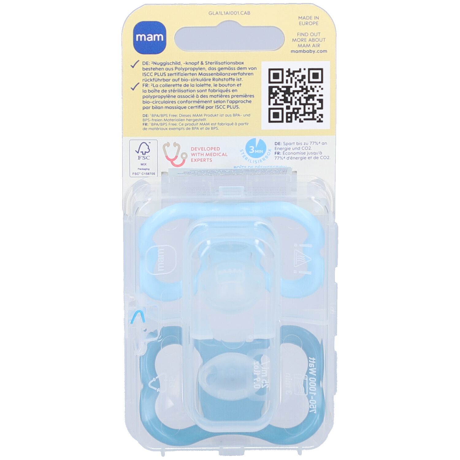 Rückseite der Verpackung mit Produktinformationen. Marke MAM. Text in mehreren Sprachen. FSC-Zertifizierung. Hergestellt in Europa.