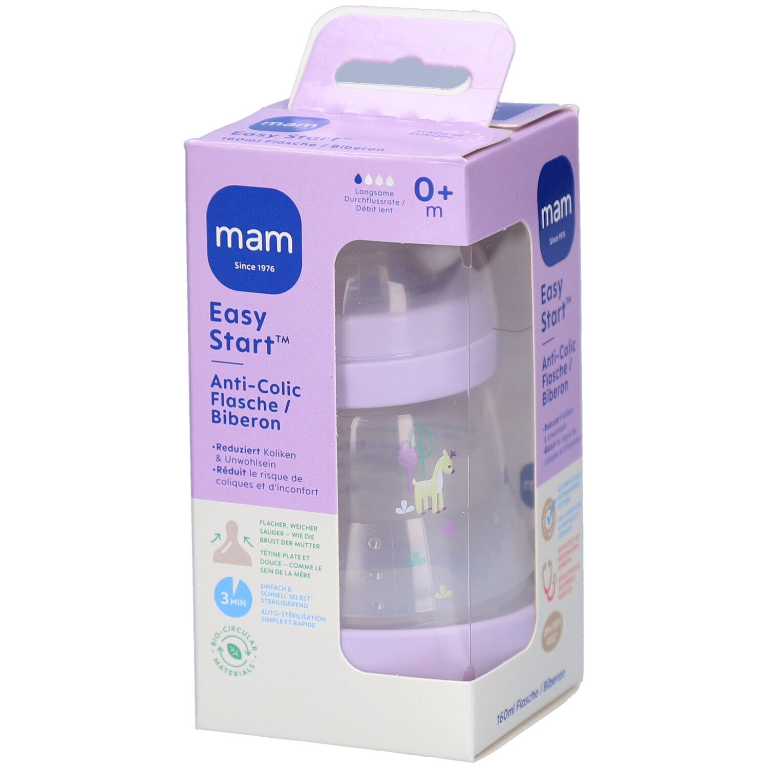 Boîte avec biberon violet. Anti-colique, 0+ mois. Fenêtre transparente. Marque: mam. Texte en allemand et français.