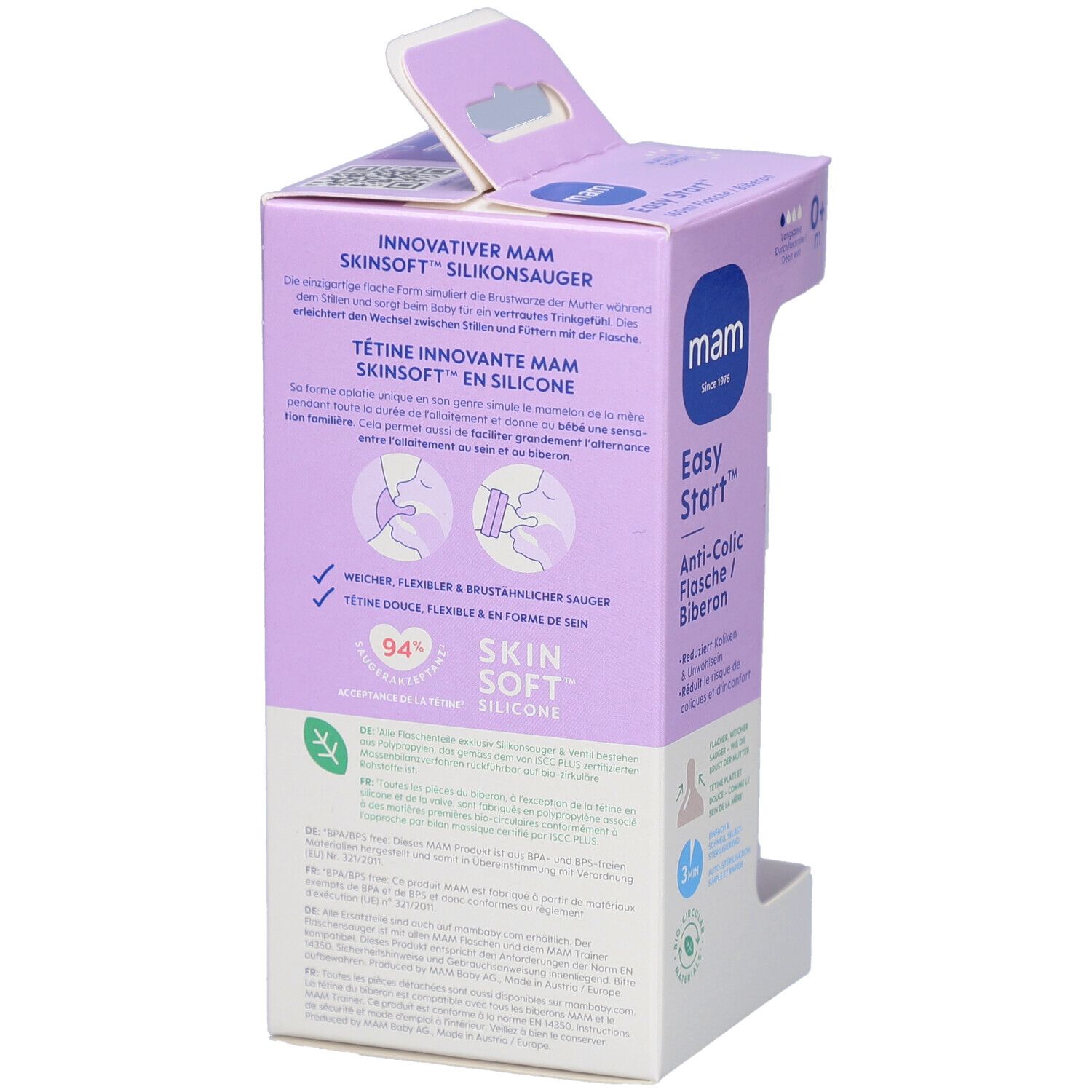 Dos de la boîte. Texte sur les caractéristiques de la tétine. Marque: mam. Tétine SkinSoft en silicone. 94% d'acceptation.