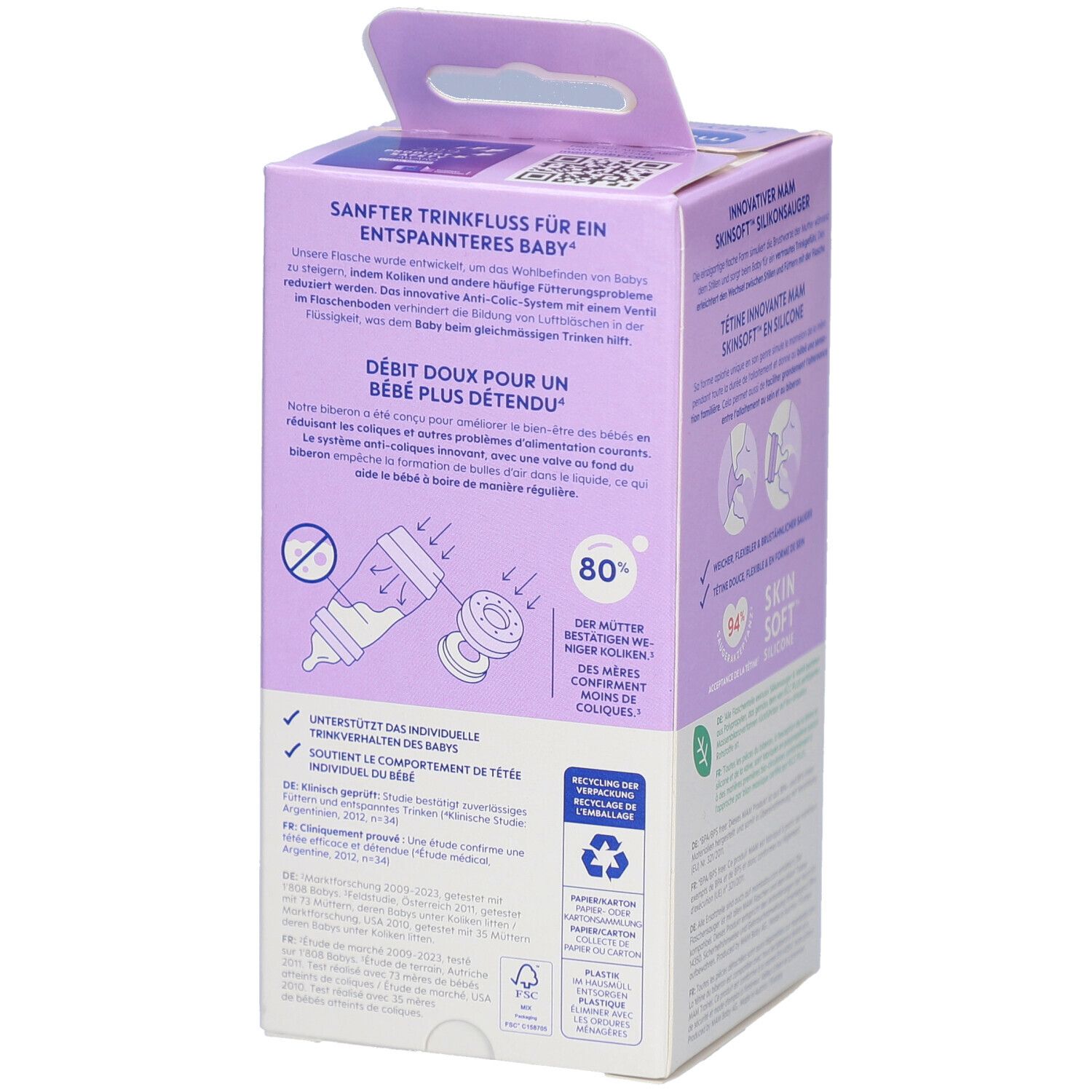 Dos de la boîte. Texte sur le débit doux. Marque: mam. Symboles de recyclage. 80% moins de coliques.