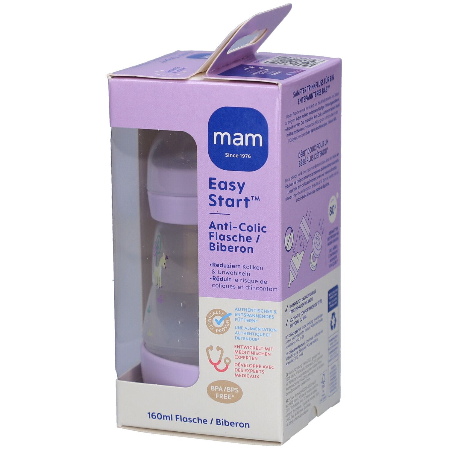 Boîte avec biberon violet. 160ml. Anti-colique. Marque: mam. 0+ mois. Texte en allemand et français.