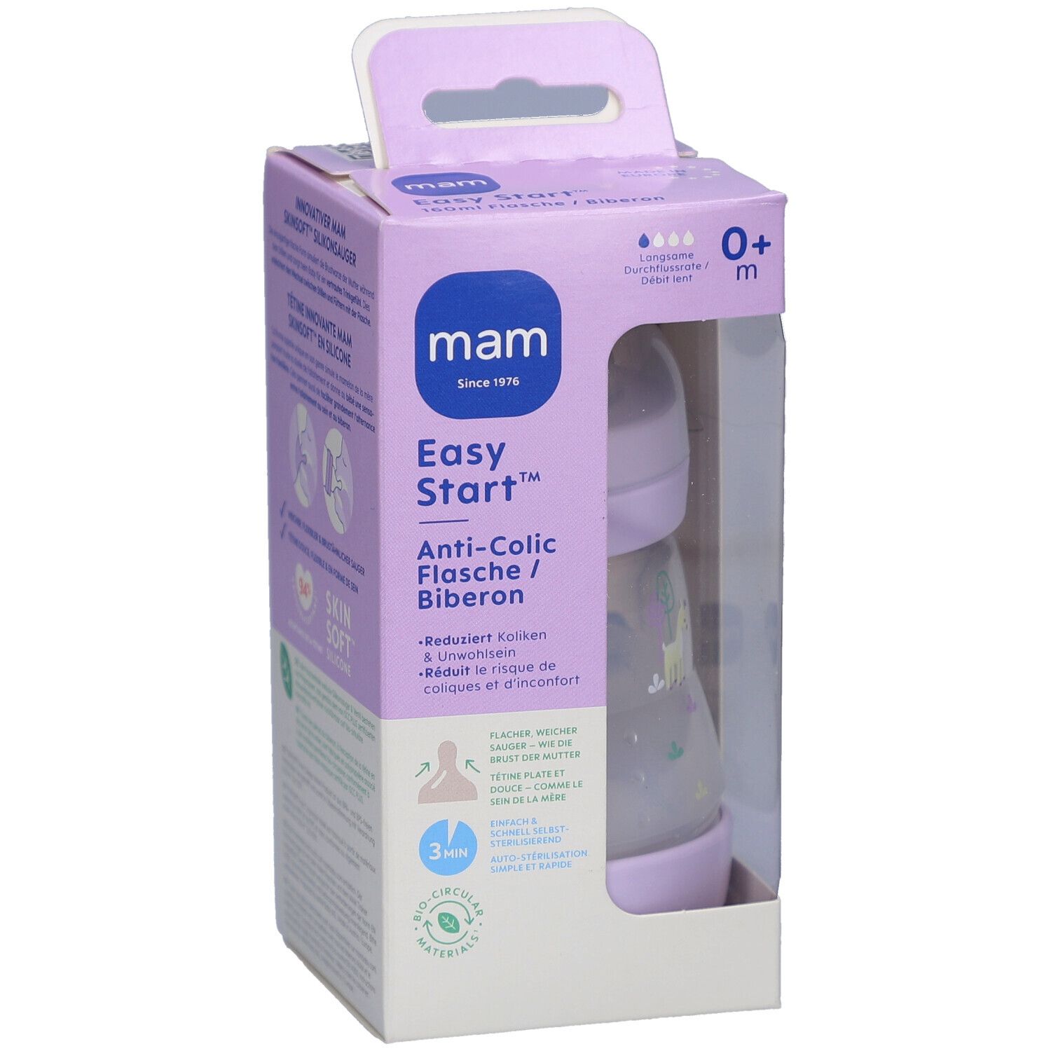 Boîte avec biberon violet. Anti-colique, 0+ mois. Marque: mam. Fenêtre transparente.