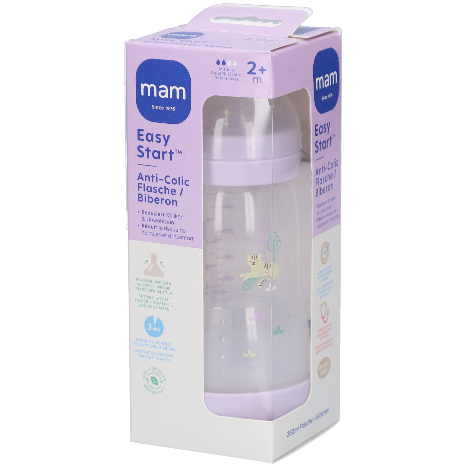 Biberon MAM Easy Start Anti-colique dans son emballage. Biberon violet et transparent. Pour bébés de 2+ mois. Visible dans l'emballage.