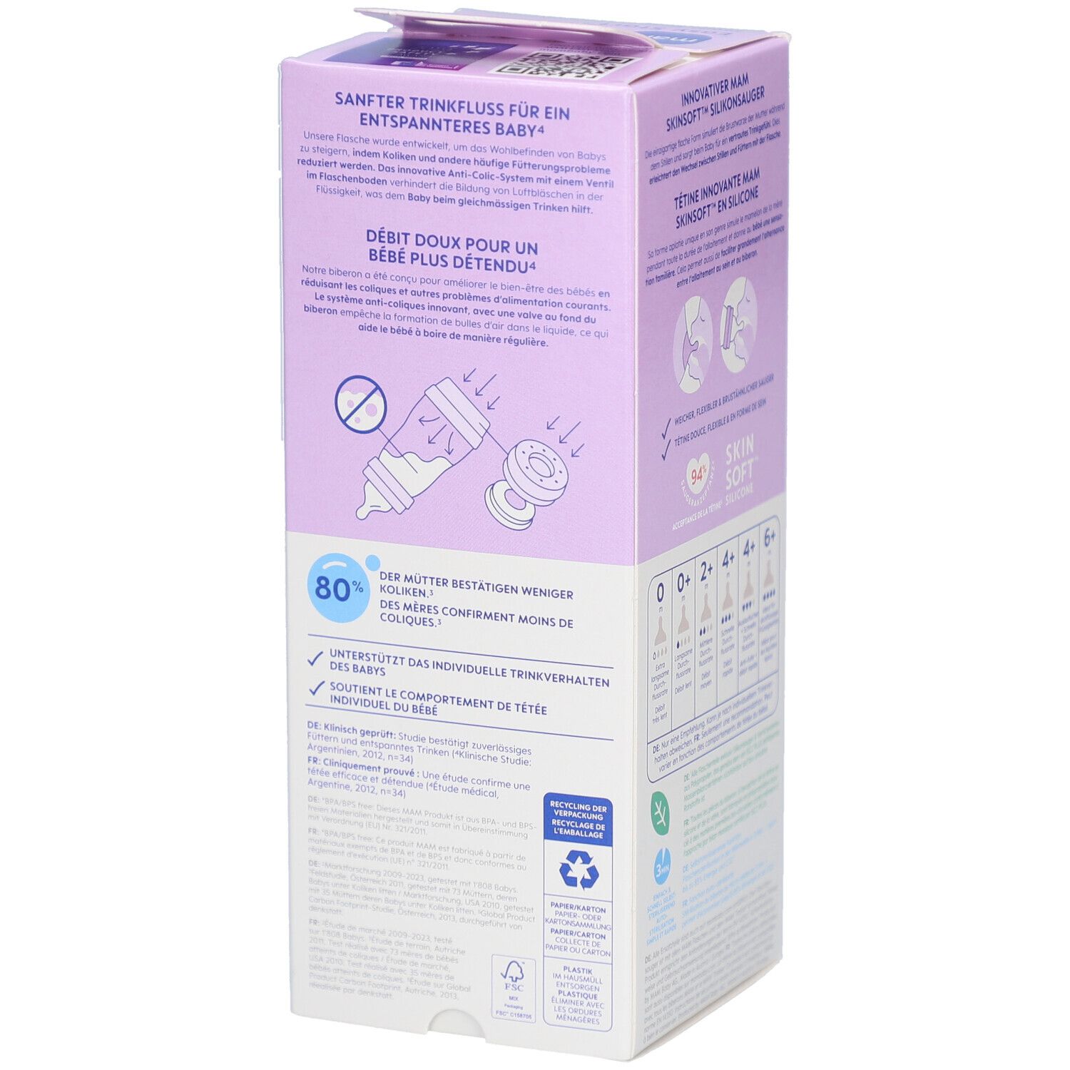 Dos de l'emballage du biberon MAM Easy Start. Informations sur le débit et la réduction des coliques. Emballage violet.