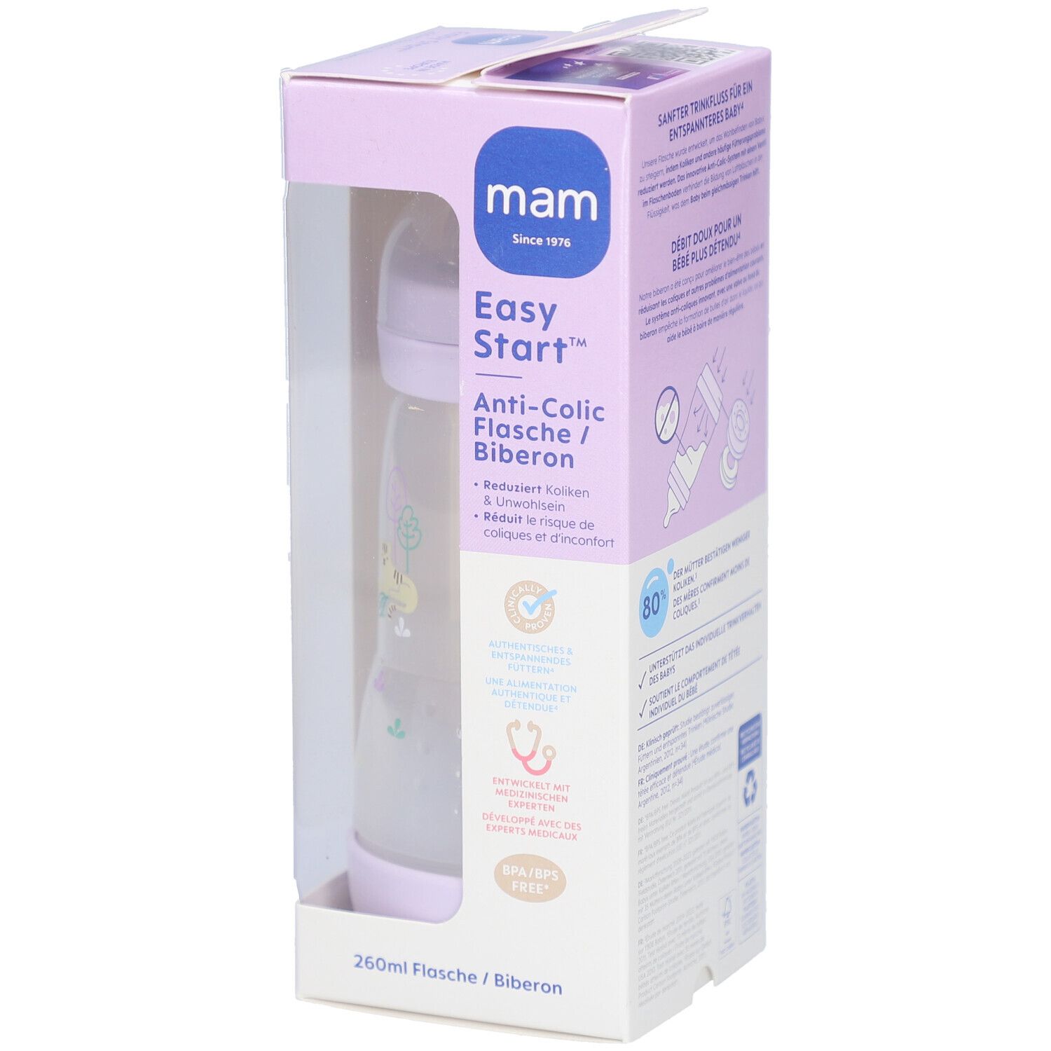 Biberon MAM Easy Start Anti-colique dans son emballage. Biberon violet et transparent. 260ml. Visible dans l'emballage.