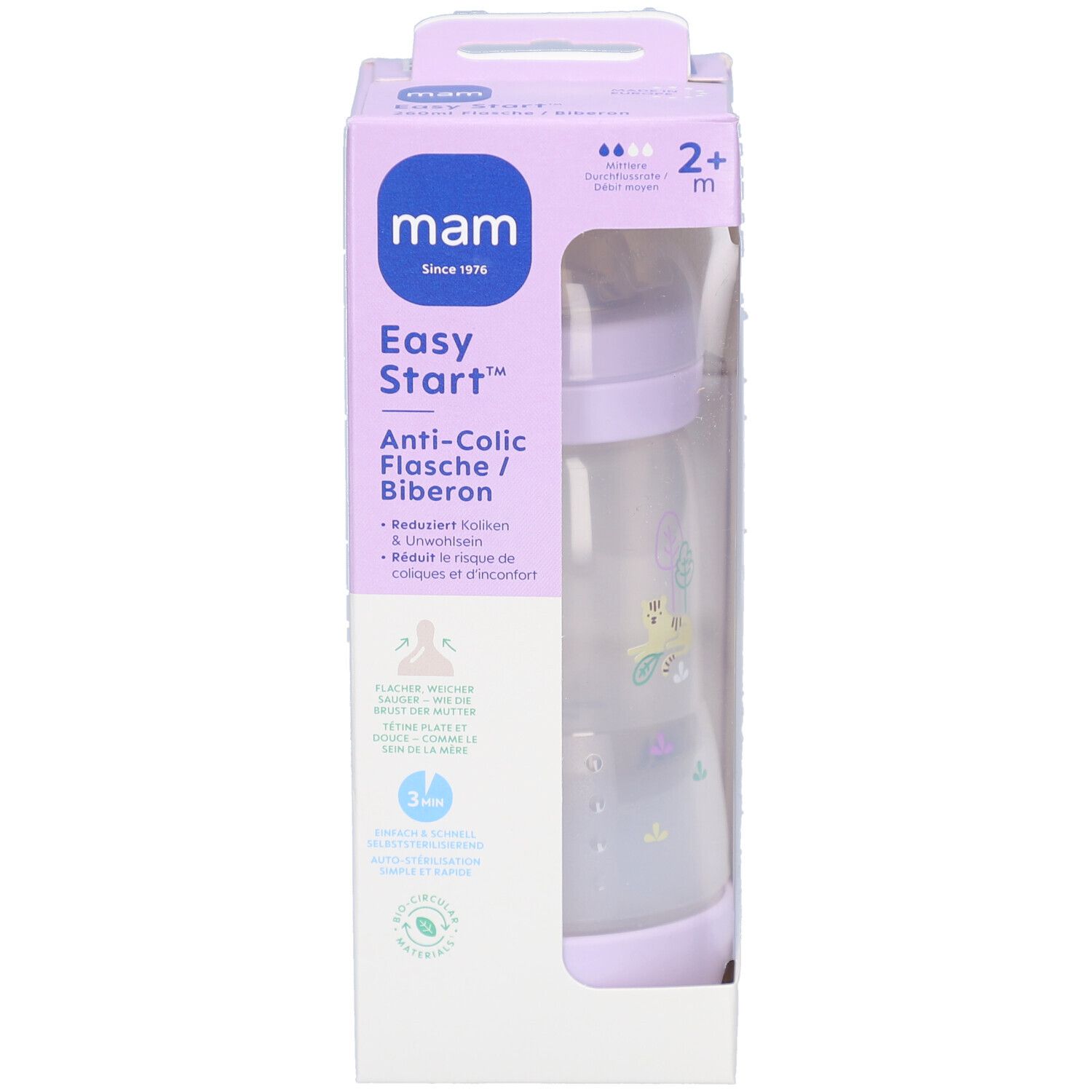 Biberon MAM Easy Start Anti-colique dans son emballage. Biberon violet et transparent. Pour bébés de 2+ mois. Visible dans l'emballage.