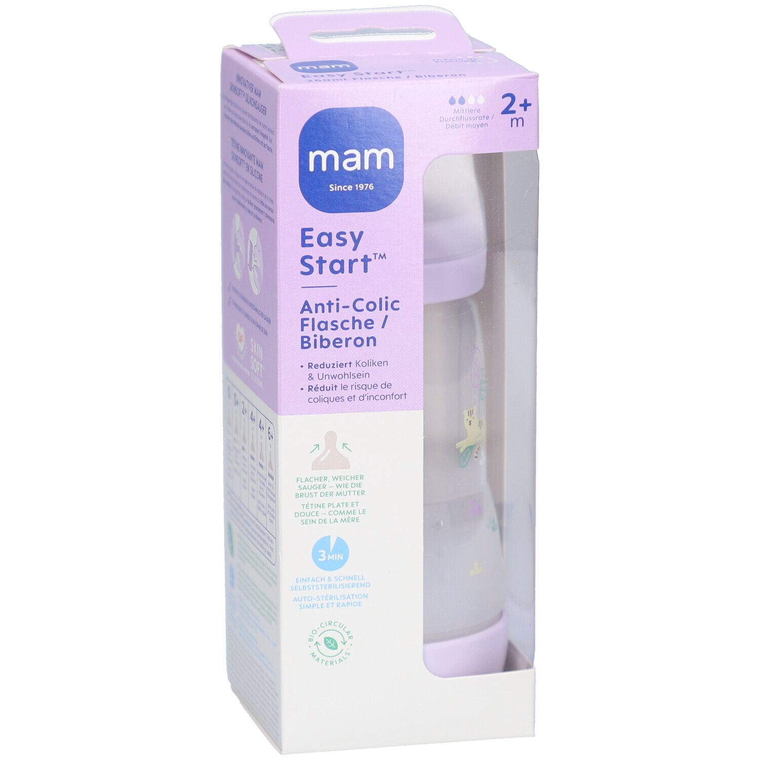 Biberon MAM Easy Start Anti-colique dans son emballage. Biberon violet et transparent. Pour bébés de 2+ mois. Visible dans l'emballage.