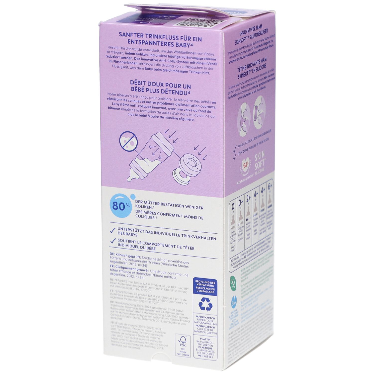 Côté de l'emballage. MAM Easy Start Anti-colique. Informations sur le débit lent et la réduction des coliques. Symboles de recyclage.