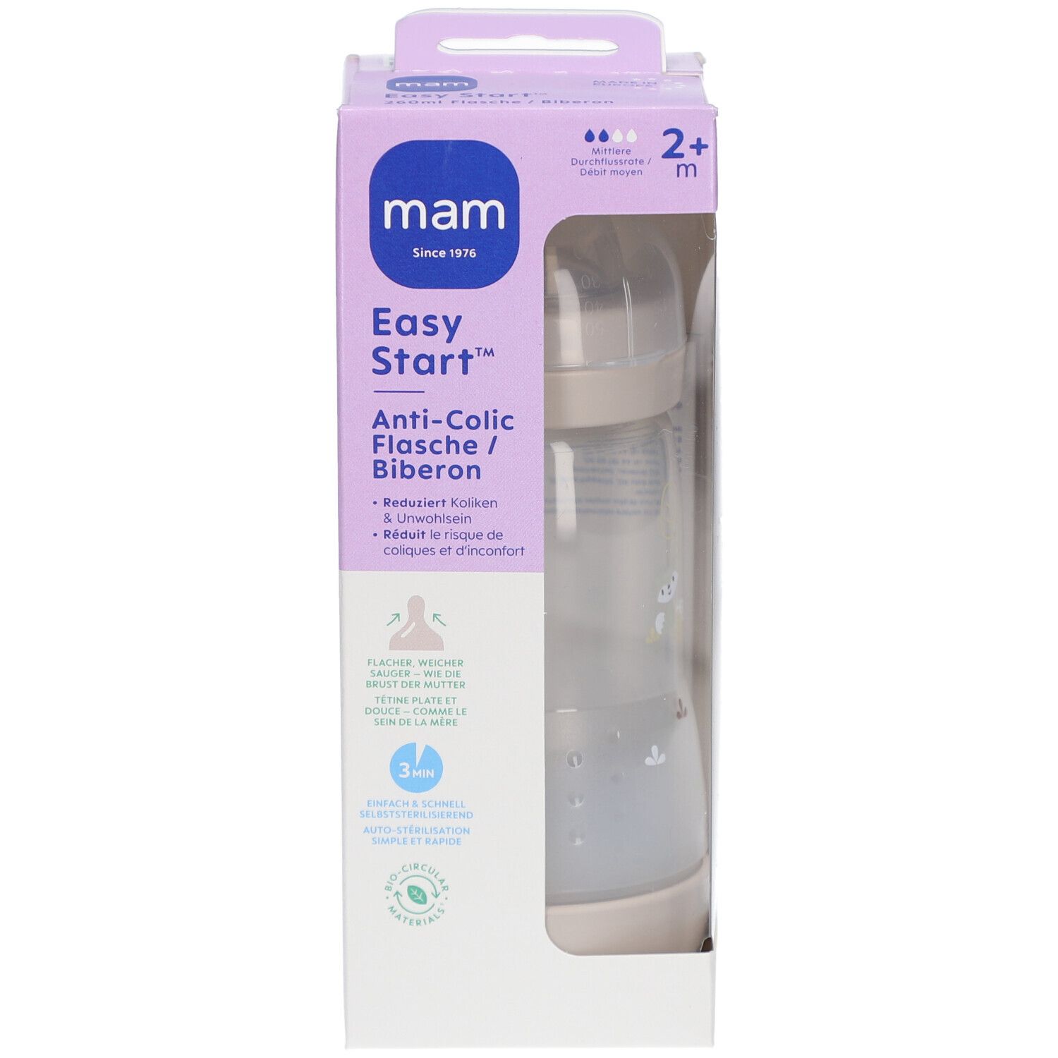 Biberon MAM Easy Start Anti-colique 2+ mois, ivoire, dans son emballage. Flacon transparent, tétine et capuchon. Boîte avec fenêtre.