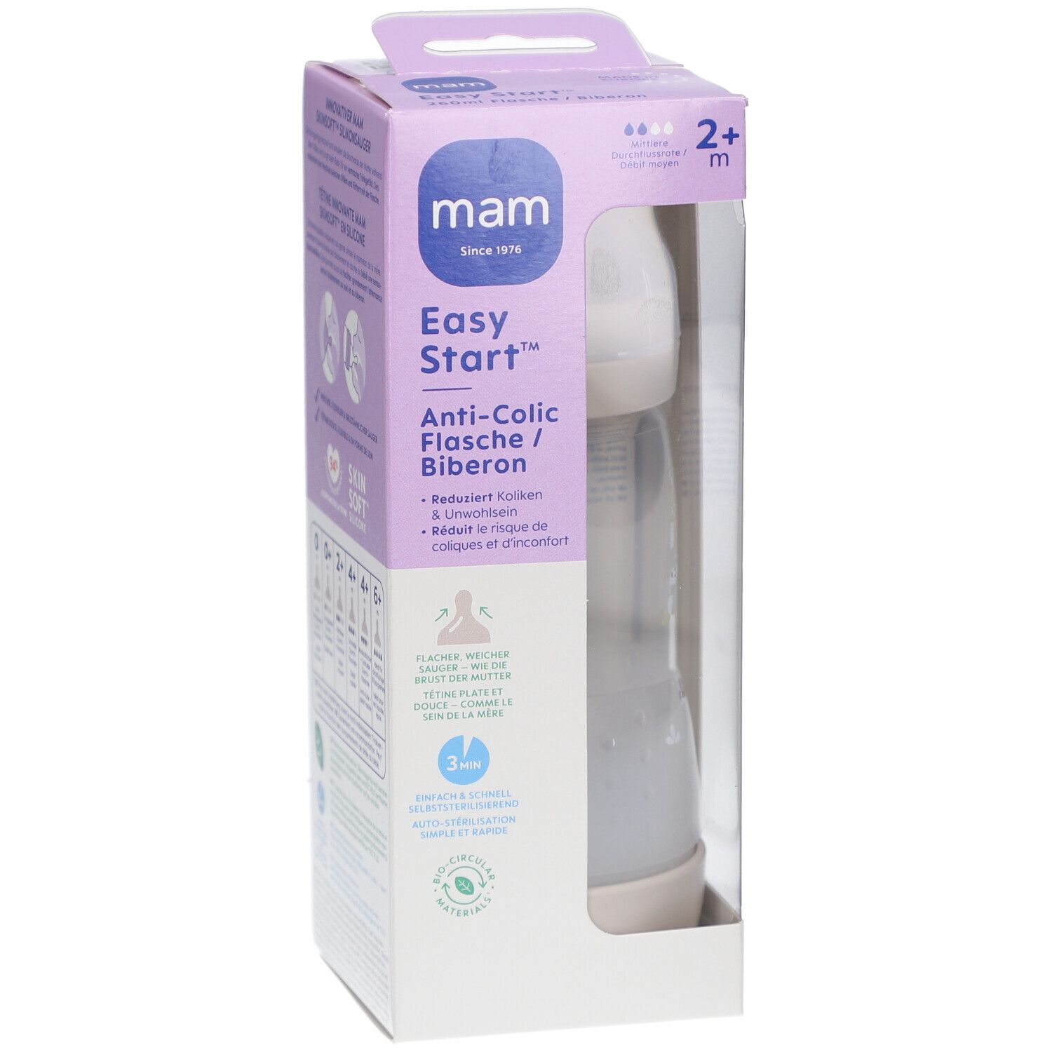 Biberon MAM Easy Start Anti-colique 2+ mois, ivoire, dans son emballage. Flacon transparent, tétine et capuchon. Boîte avec fenêtre.