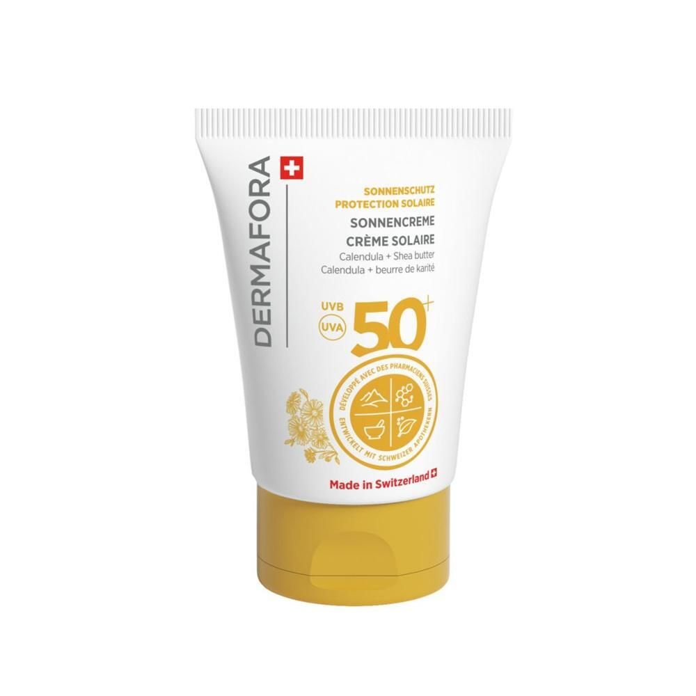 Weiße Tube mit gelbem Verschluss. Aufschrift: DERMAFORA, Sonnenschutz LSF 50+. Mit Schweizer Kreuz und weiteren Symbolen.