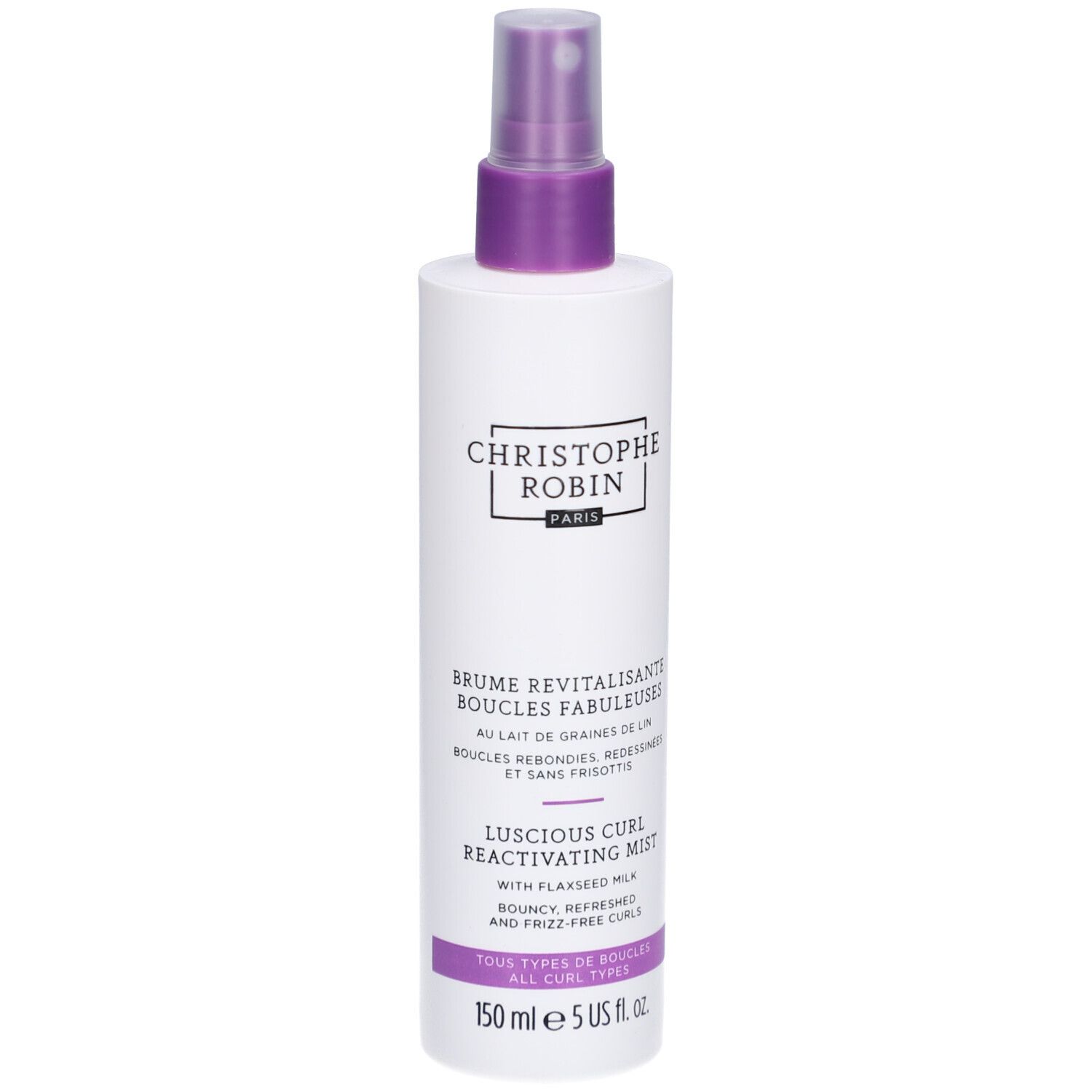 Weiße Flasche mit lila Sprühkopf. Text: Christophe Robin, Brume Revitalisante Boucles Fabuleuses, Luscious Curl Reactivating Mist. 150 ml.